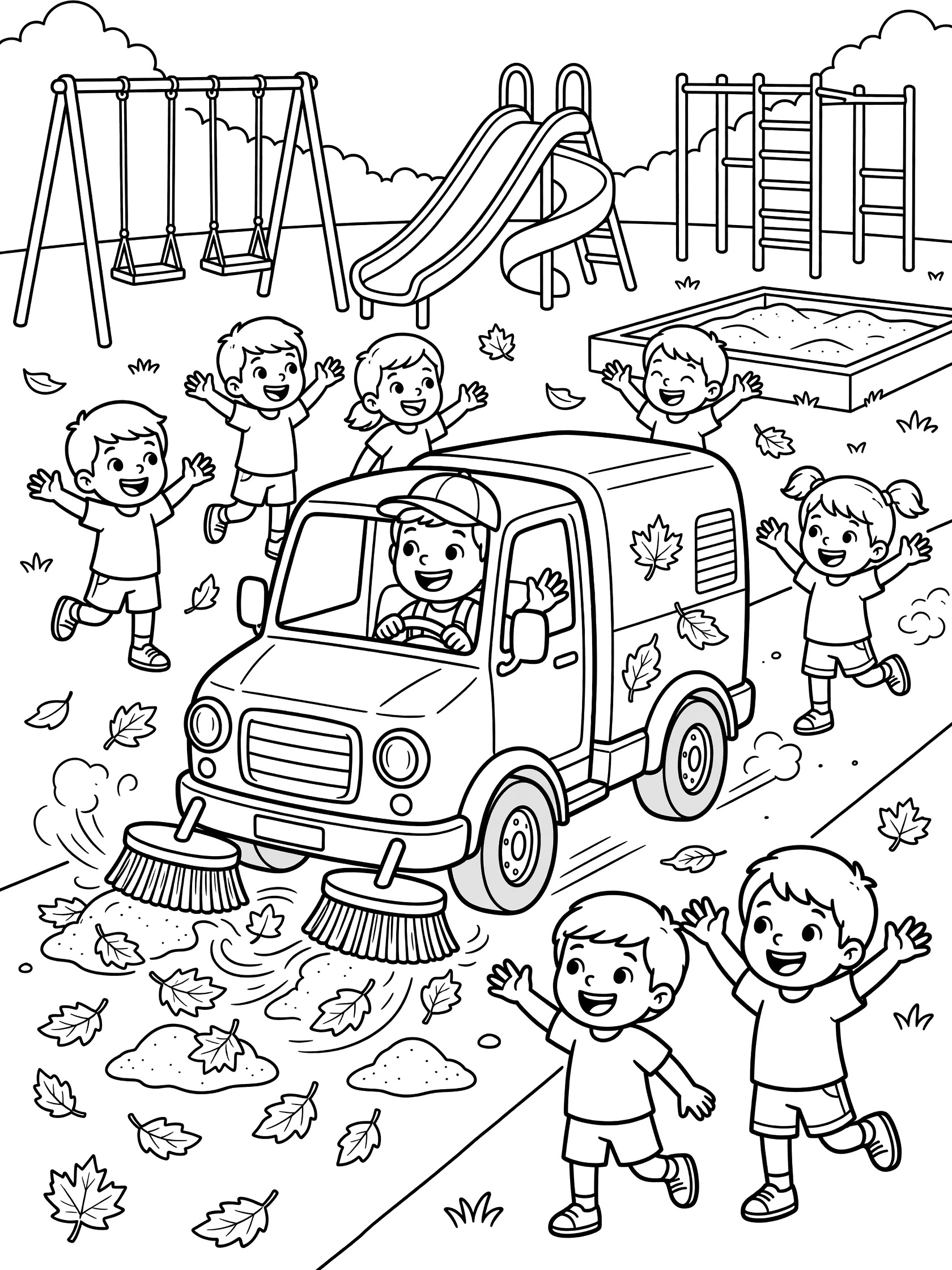 Cartoon street sweeper truck with brushes sweeping fallen leaves at a sunny playground. Excited kids in play clothes wave and smile at the driver.