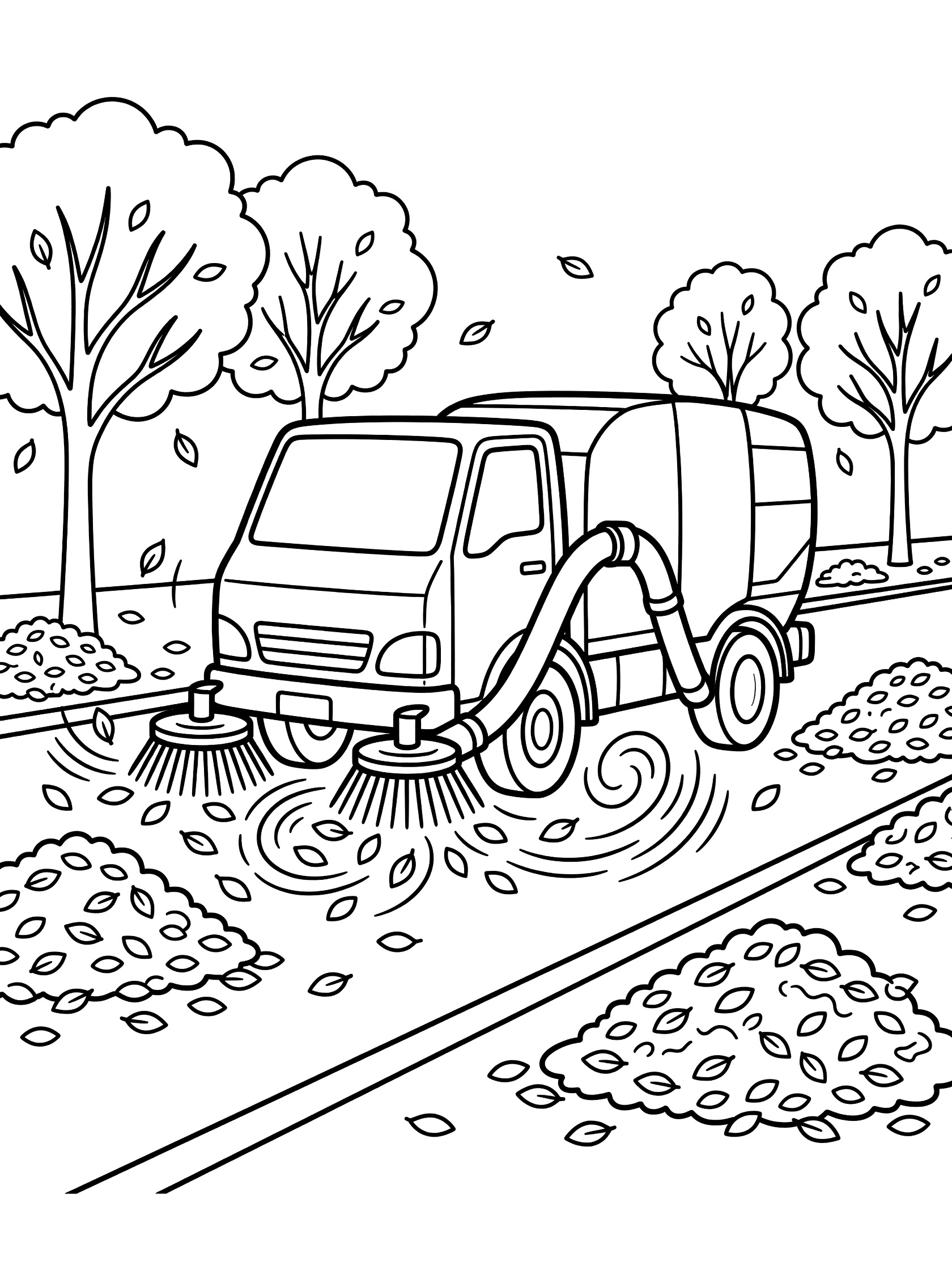 Line art coloring page showing a street sweeper truck with front brushes sweeping swirling leaves into a side hose on a street with leaf piles, curbs, and bare trees in the background.