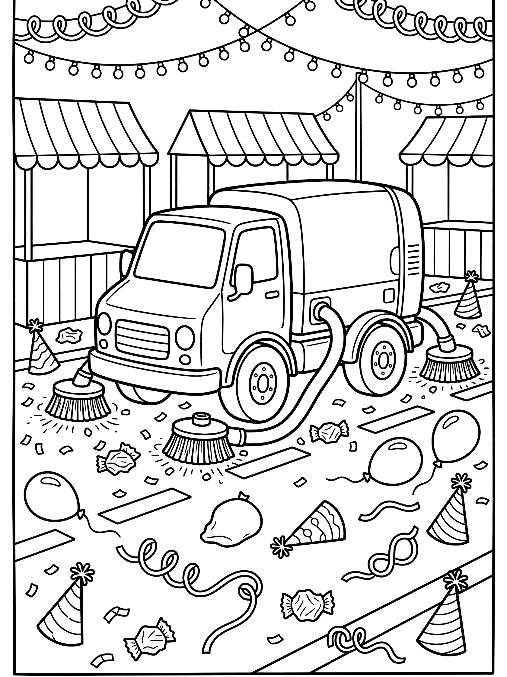 Line art coloring page showing a street sweeper truck with brushes and hose cleaning confetti, popped balloons, streamers and party hats on a street with festival booths and lights.