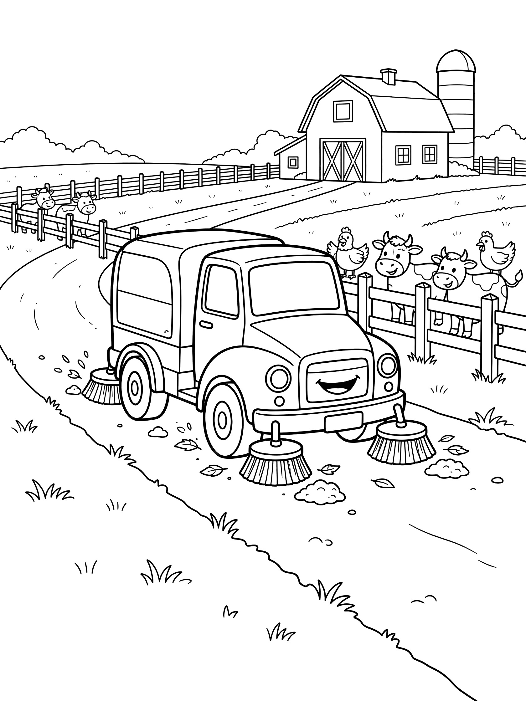 Black and white coloring page of a street sweeper truck on a farm road, sweeping dirt with round brushes, near a red barn, silo, fence, cows, and chickens.