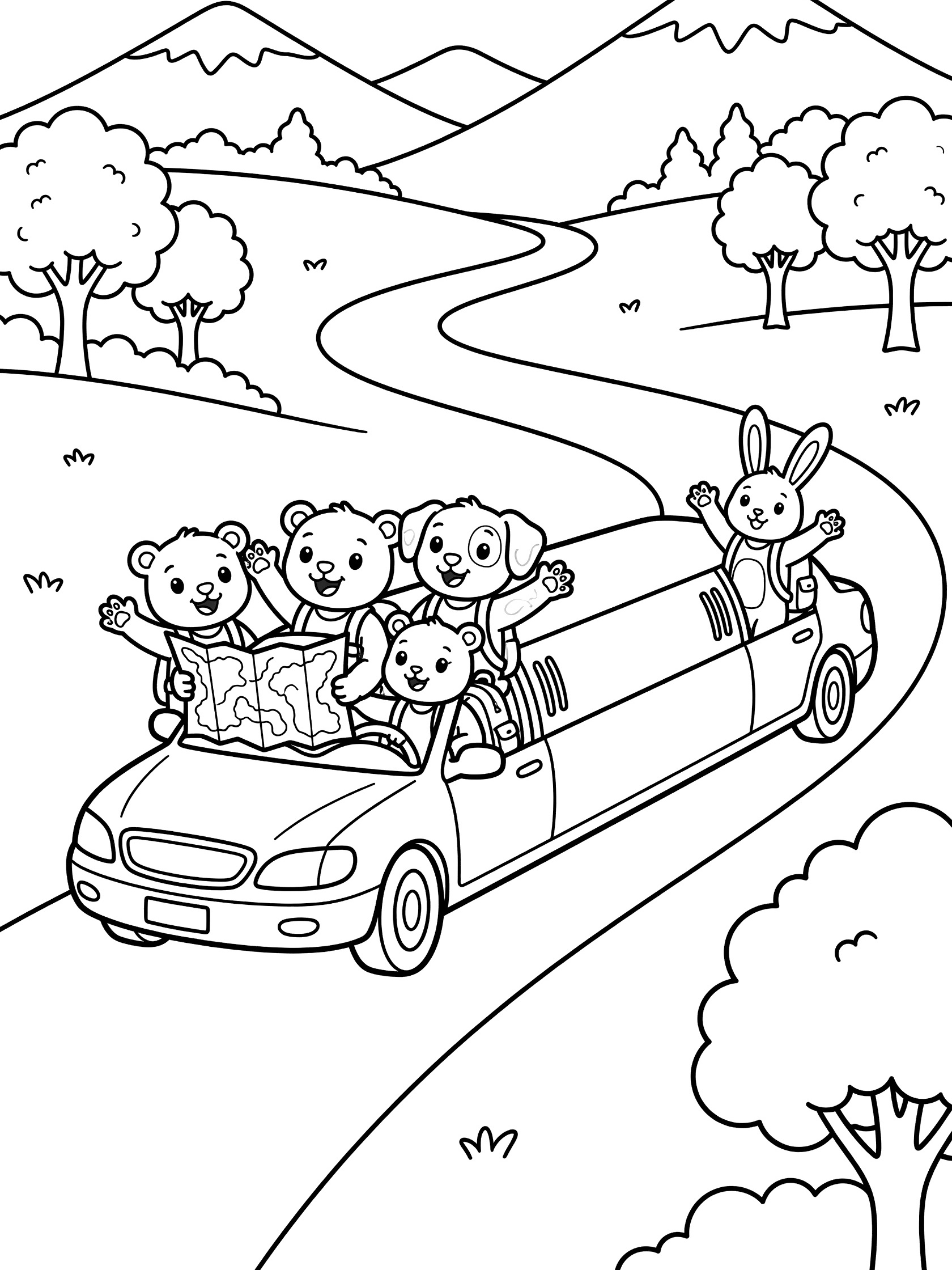 Black-and-white line art of a stretch limousine driving on a curvy road with sunny hills, trees, and mountains. Cartoon bear, dog, and bunny animals peek out holding a treasure map and backpacks.