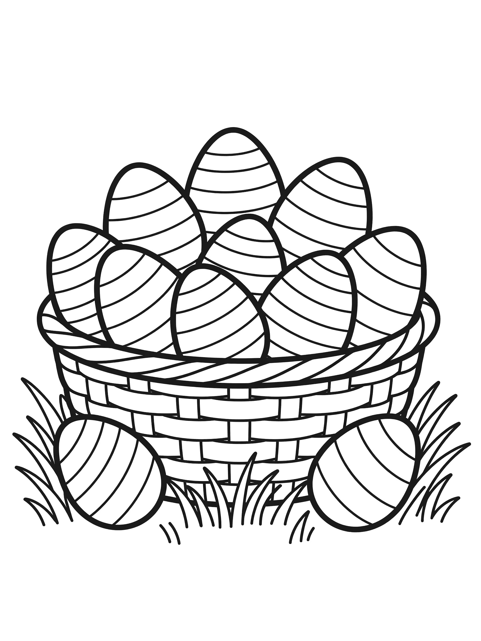 Black and white line art of decorative Easter eggs with horizontal, vertical and diagonal stripes overflowing from a basket on spring grass.