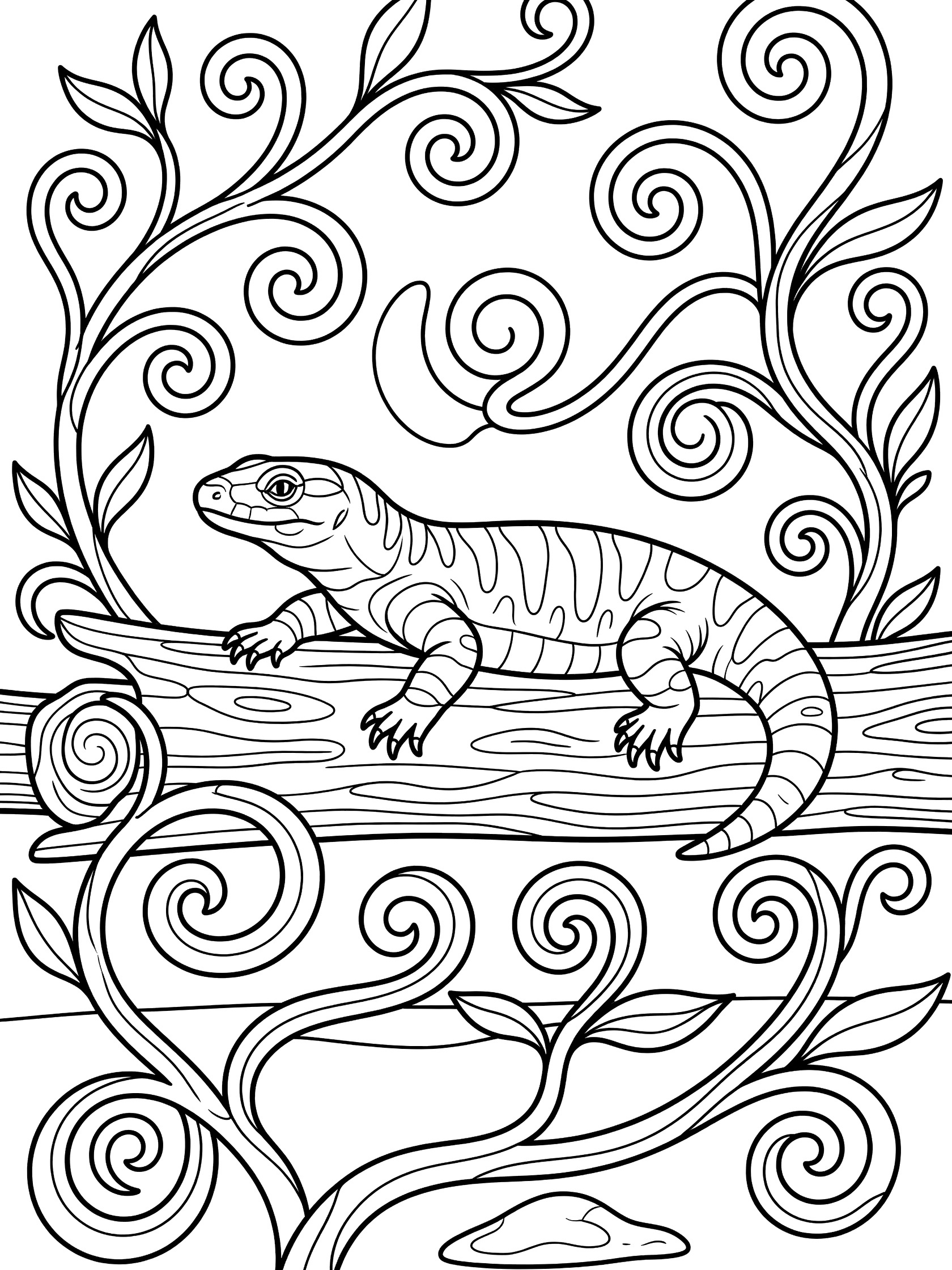 Black and white line art coloring page showing a striped lizard with bands on a woody log surrounded by swirling vine patterns. Gila Monster themed black and white printable line art