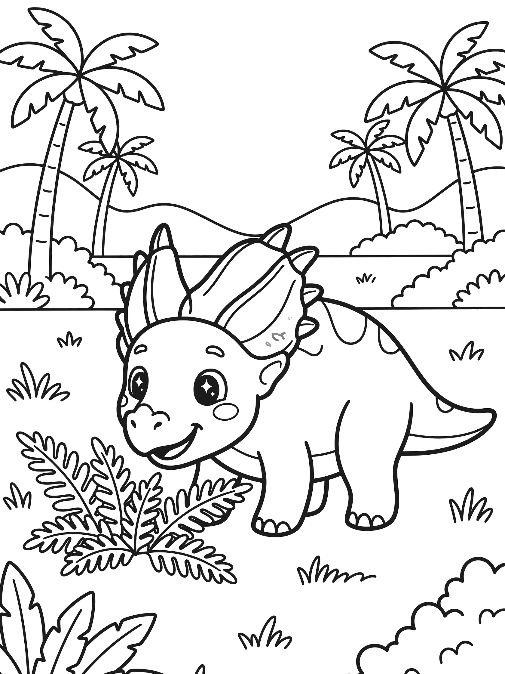Black and white line art of a cute Styracosaurus dinosaur with frill spikes grazing on ferns, surrounded by palm trees, grass, and hills.