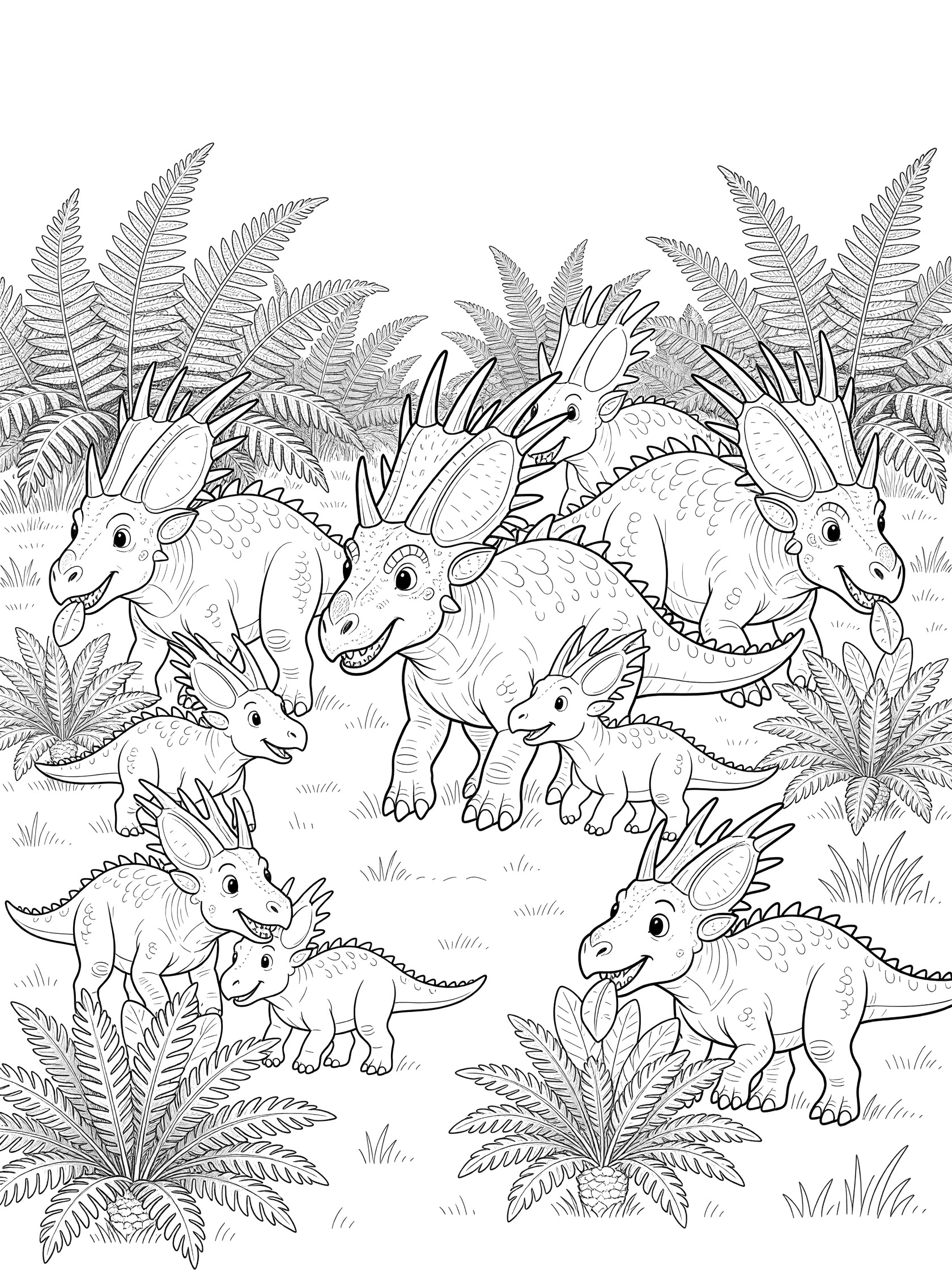 Doodle-style line art coloring page showing a herd of Styracosaurus dinosaurs, including adults with frilly spiked heads and playful babies, strolling in a prehistoric meadow with ferns and cycads.