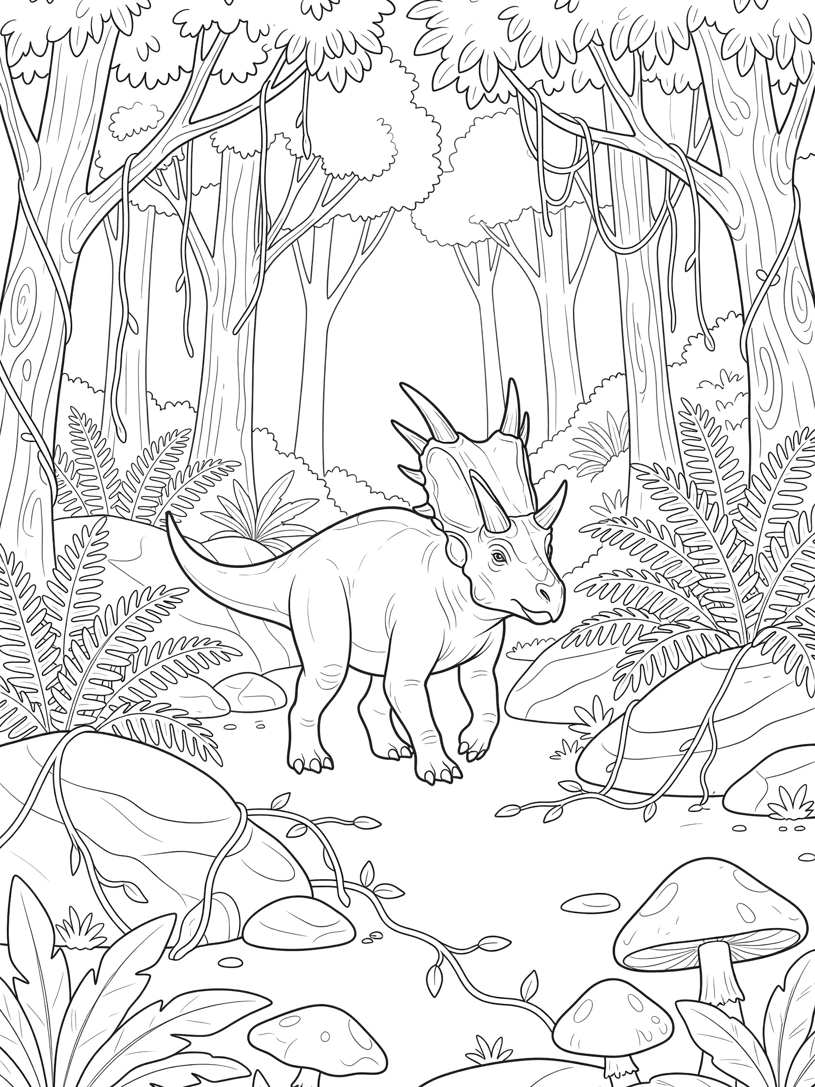 Black-and-white coloring page of a Styracosaurus with bony frill and horns walking in a prehistoric forest filled with tall ferns, mossy trees, boulders, mushrooms, and vines.
