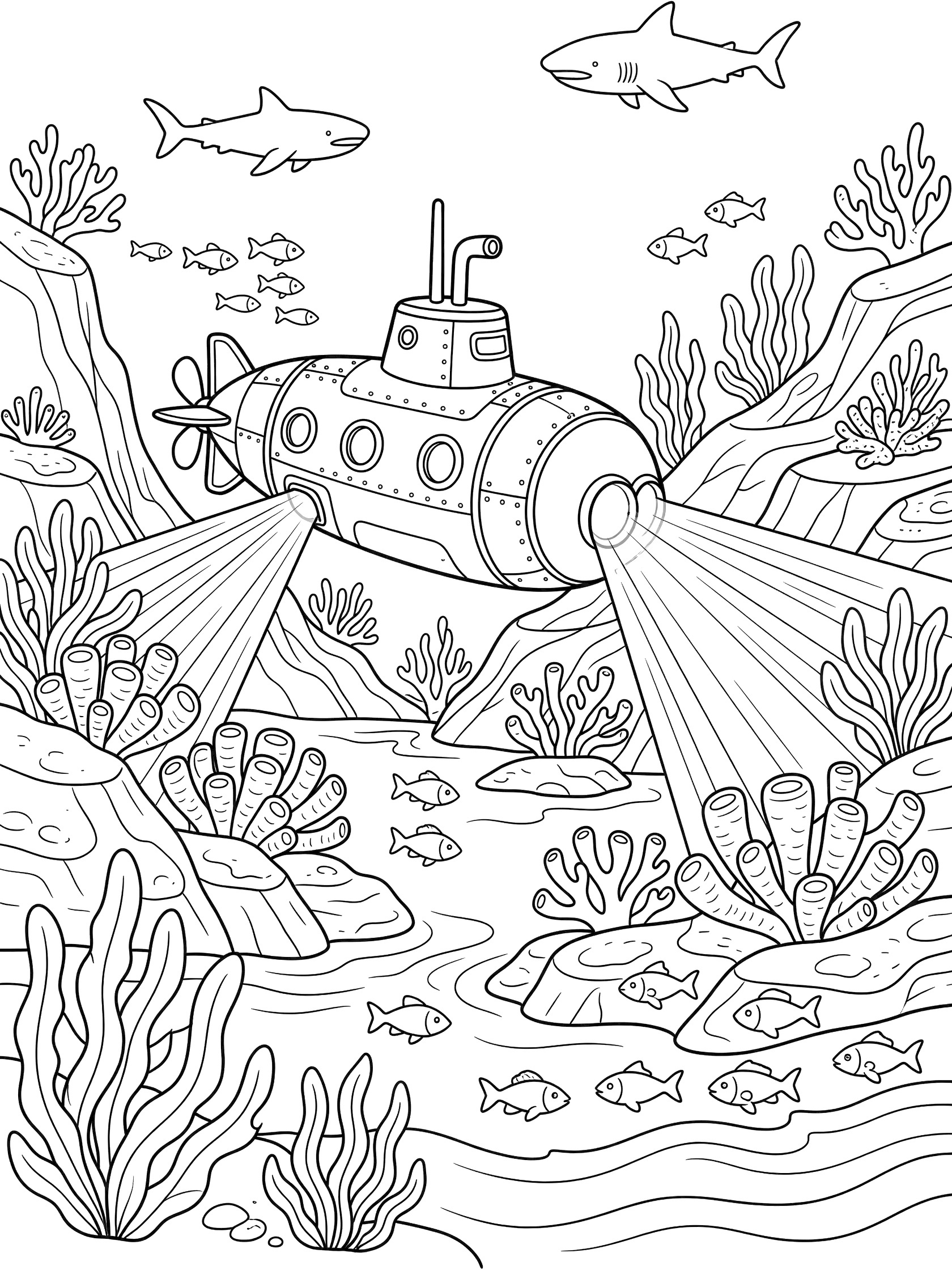 Black and white line art of a military submarine exploring the rugged ocean floor, lights shining on corals, rocks, schools of fish and sharks, with seaweed and periscope.