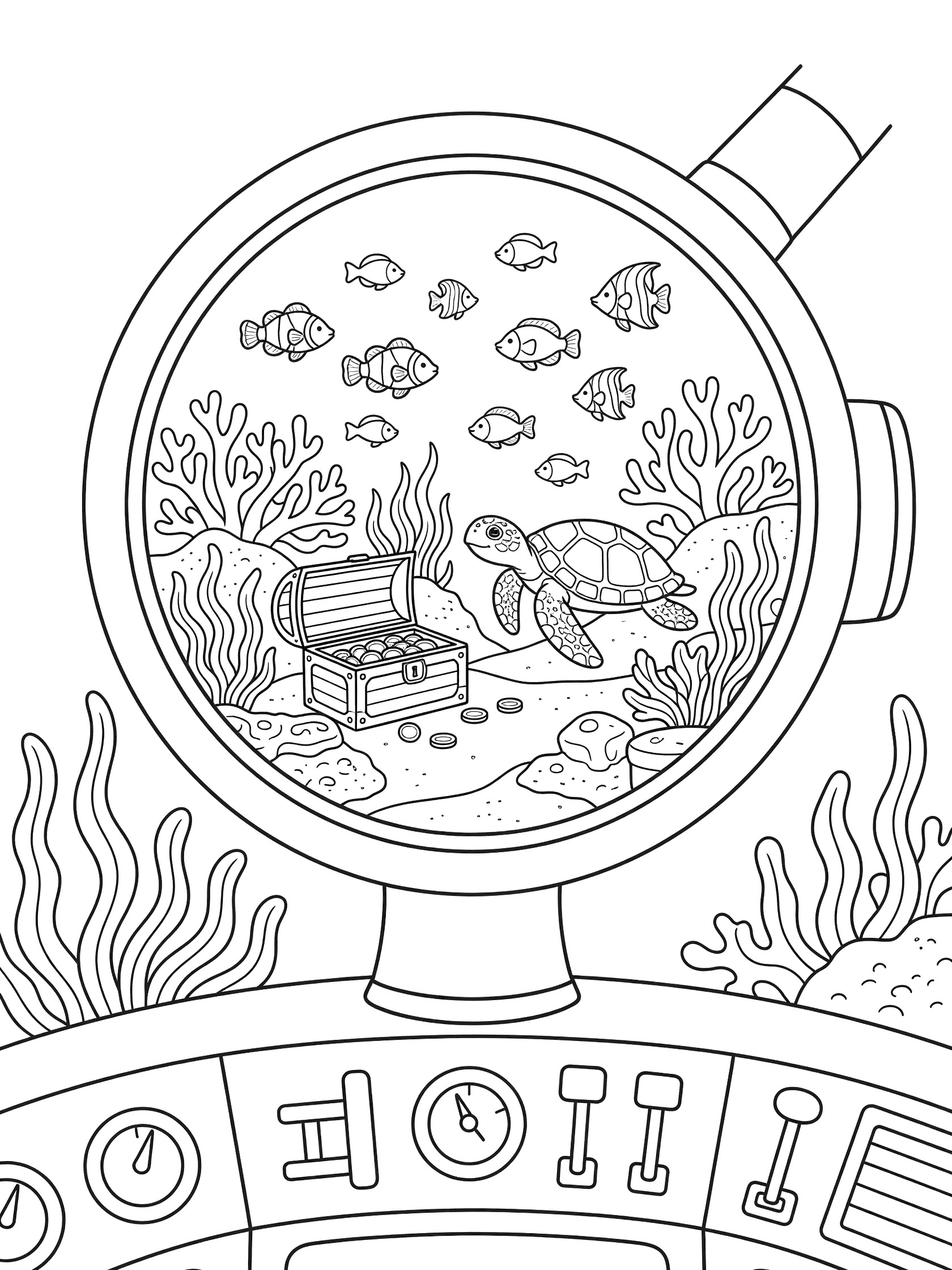 Black and white line art of a submarine periscope with circular view of underwater scene including schools of fish, sea turtle, treasure chest, coral reefs and seaweed, plus control room dials.