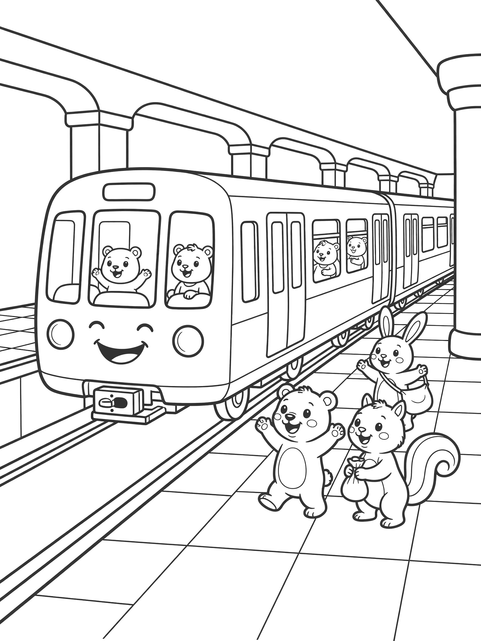 Black and white line art of smiling subway train arriving at tiled station platform with happy bears inside windows, walking bear, bunny, and squirrel outside. Subway Trains themed black and white printable line art