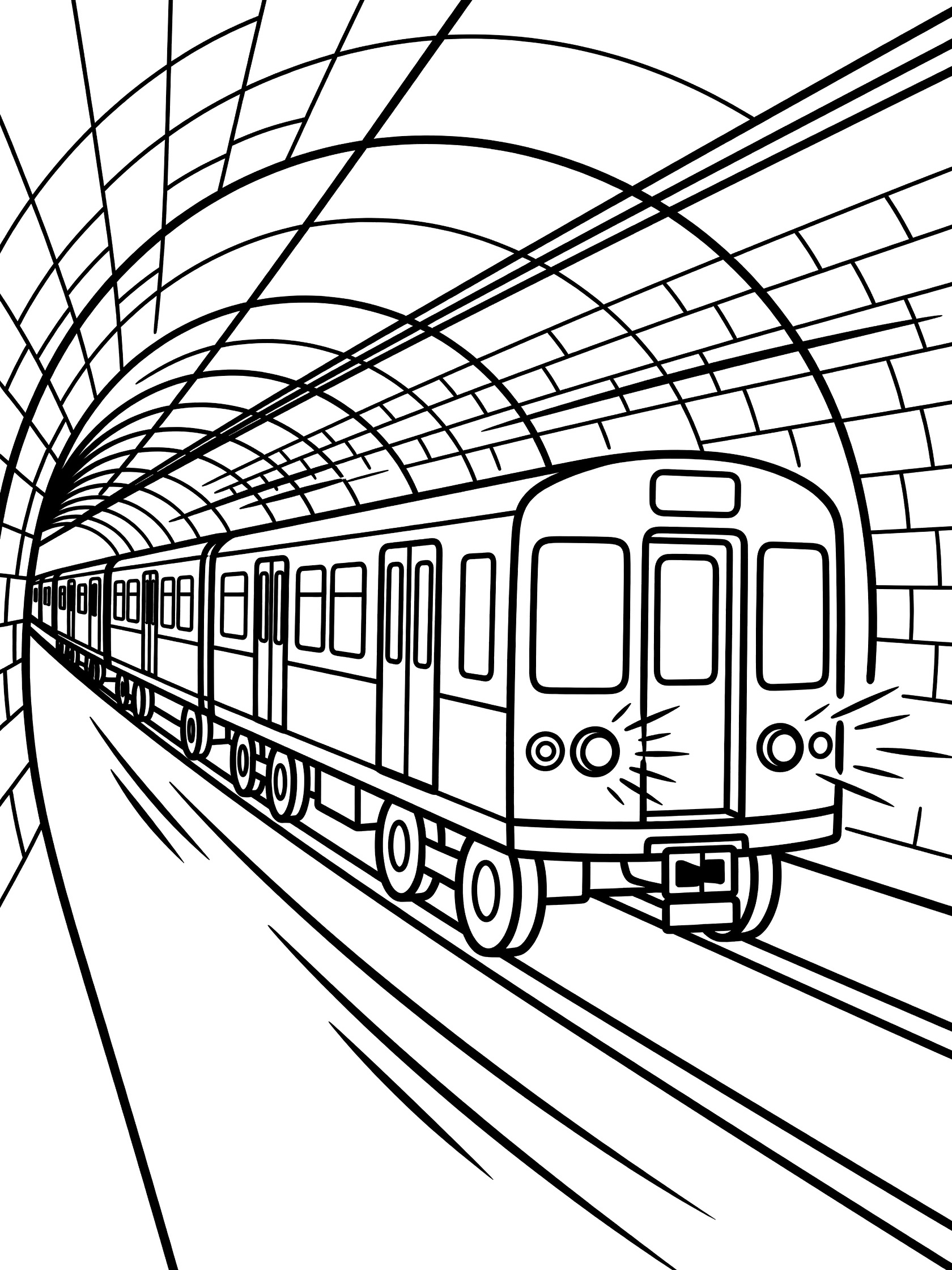 Black and white line art of a subway train rushing through a brick-lined tunnel with beaming headlights and motion streaks.