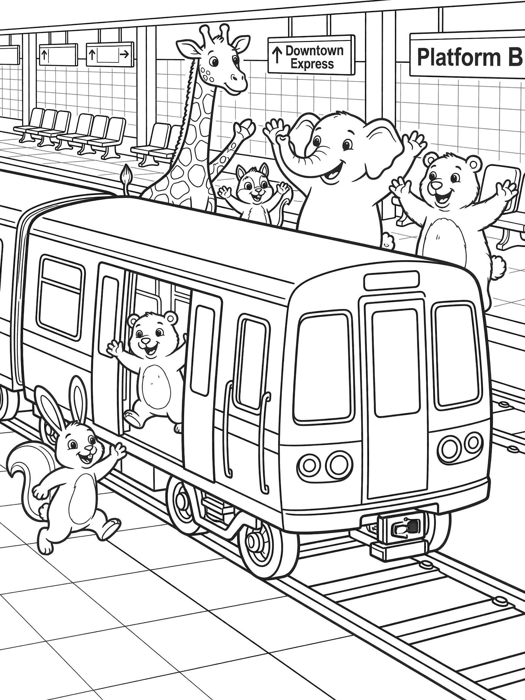Black and white line art of cheerful subway train with open doors at tiled platform, group of happy animals including giraffe, elephant, teddy bears, and squirrel excitedly boarding
