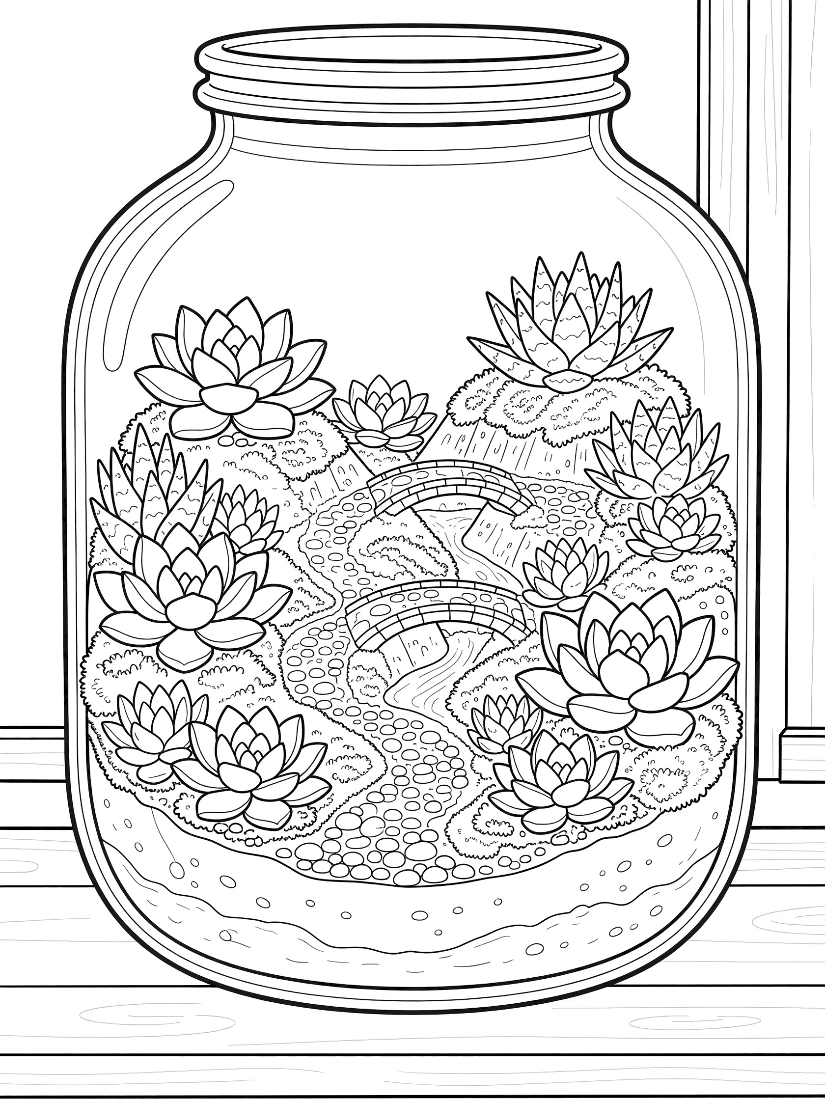 Line art coloring page showing a glass terrarium jar filled with succulents, winding pebble paths, tiny stone bridges, and moss on a wooden windowsill.