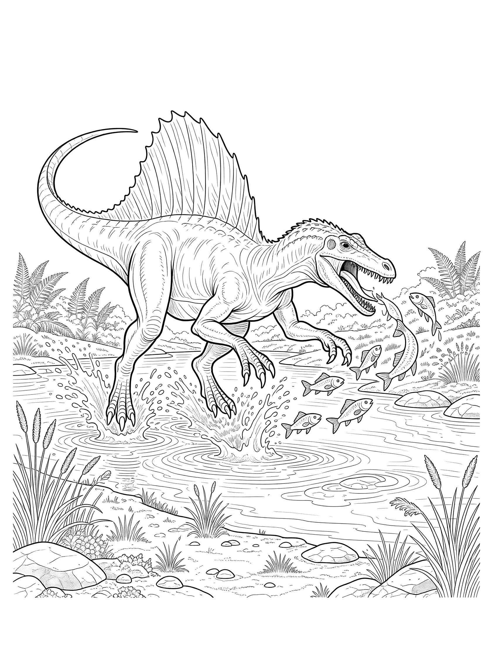 Black and white coloring page of a Suchomimus dinosaur in a dynamic hunting pose, snapping at leaping fish from a shallow river with arched sail, clawed arms, reeds, rocks, and ferns.