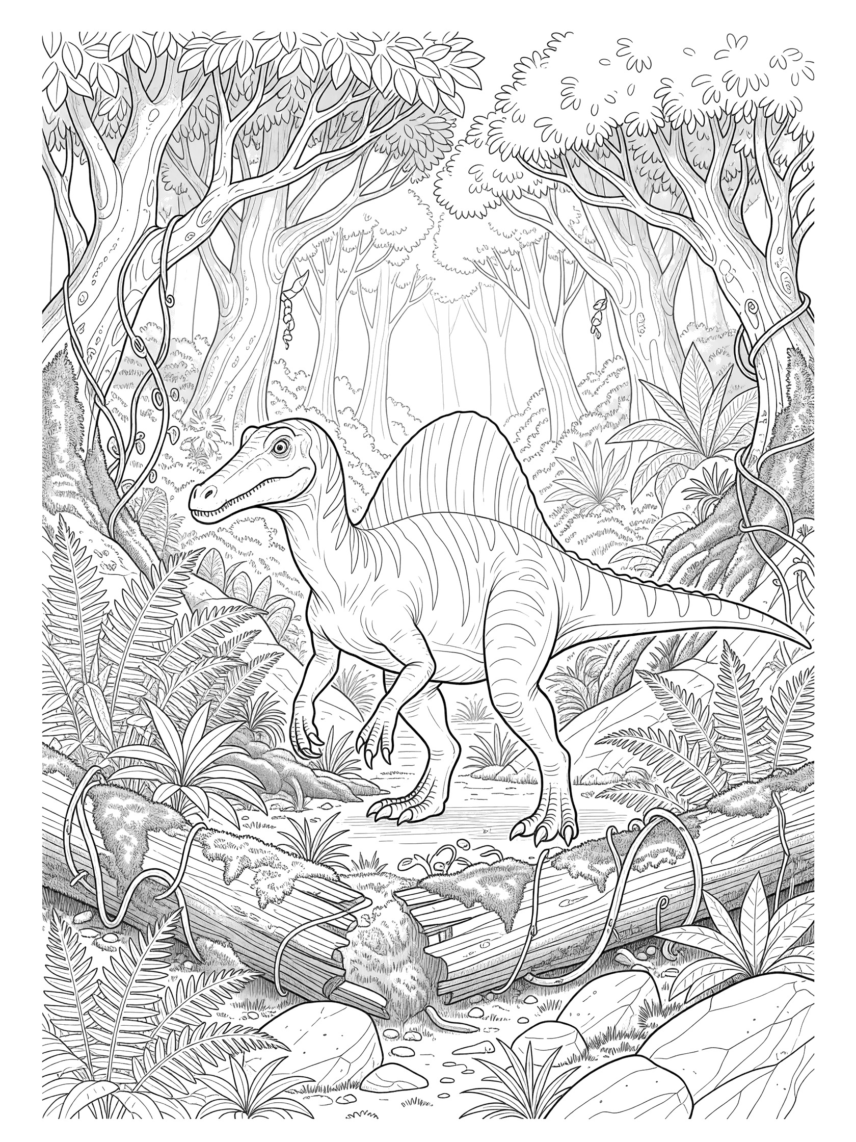 Black and white line art coloring page showing a tall Suchomimus dinosaur with a sail on its back, long snout, and stripes, walking through a prehistoric forest with ferns, mossy logs, rocks, and misty trees.