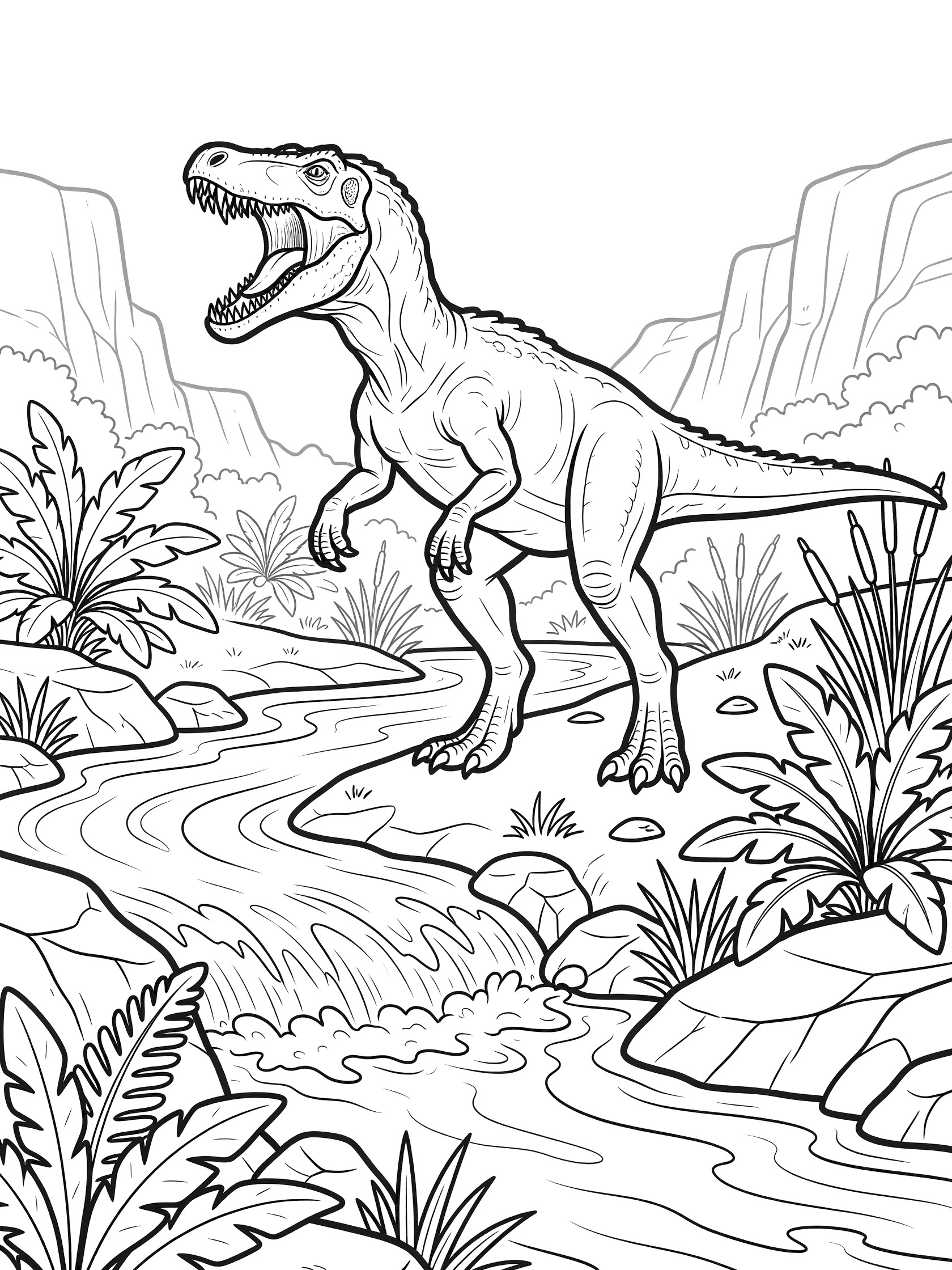 Black and white line art of a Suchomimus dinosaur roaring with open mouth and sharp teeth, standing by a river surrounded by ferns, rocks, reeds, and distant cliffs.