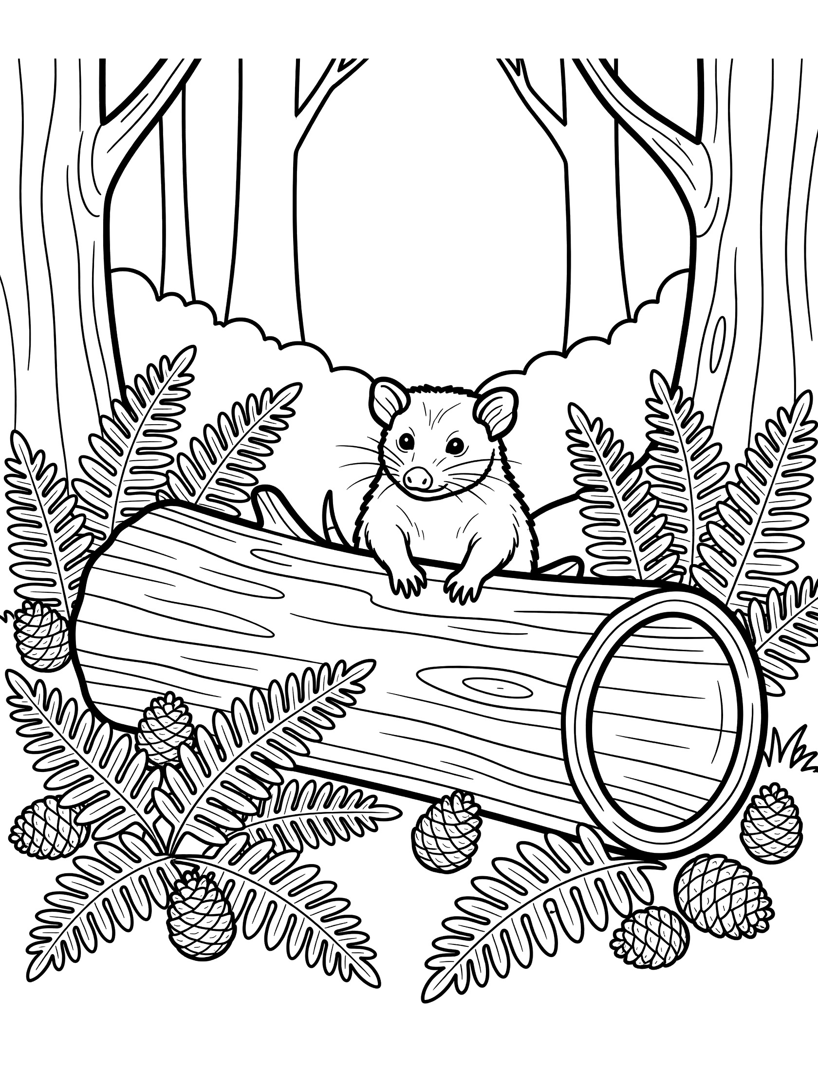 Black and white line art coloring page showing a sugar glider sitting on a hollow log with ferns and pinecones in a forest setting. Opossum themed black and white printable line art
