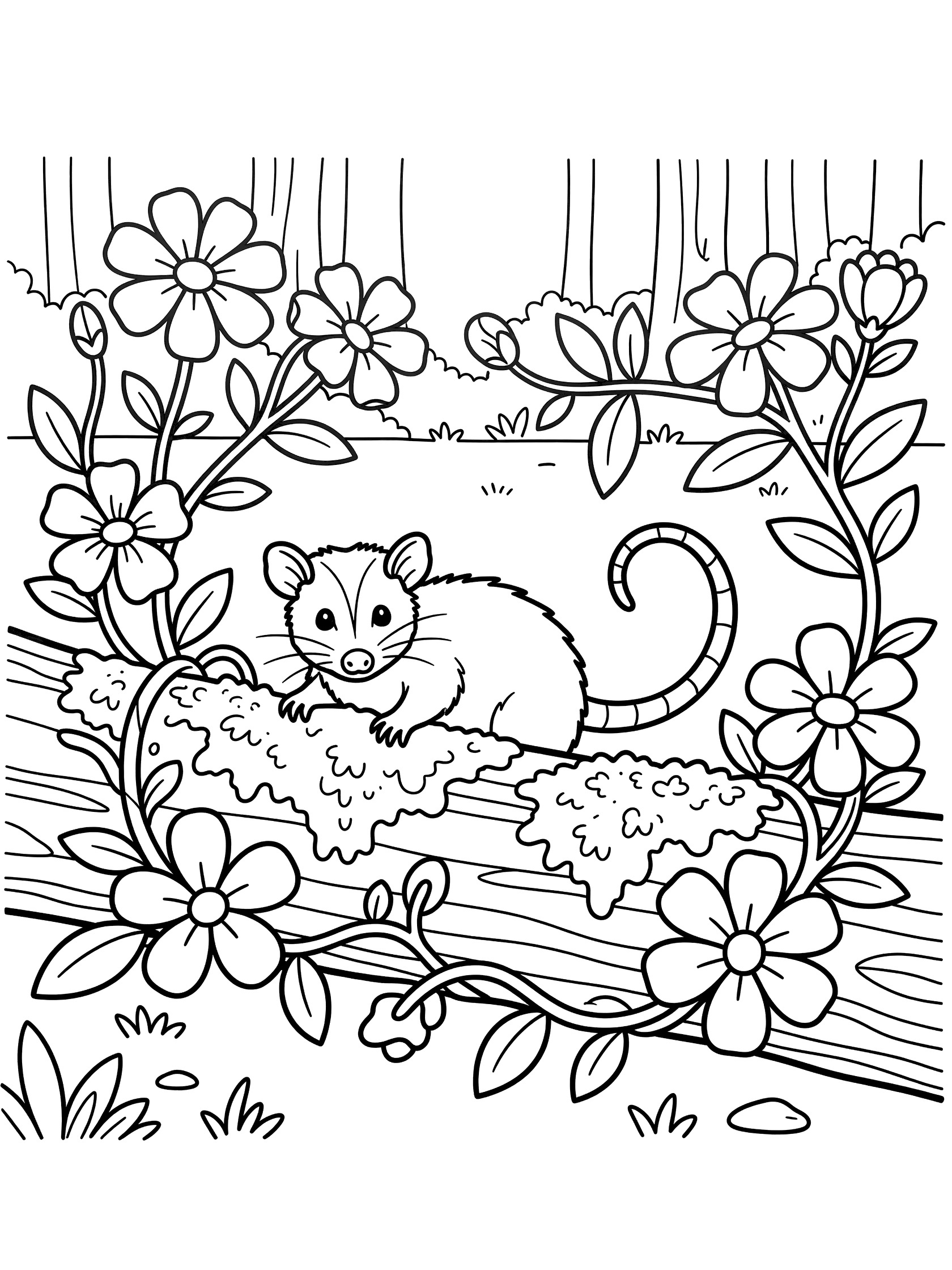 Black and white line art coloring page showing a sugar glider on a mossy log surrounded by flowers and vines in a forest setting. Opossum themed black and white printable line art