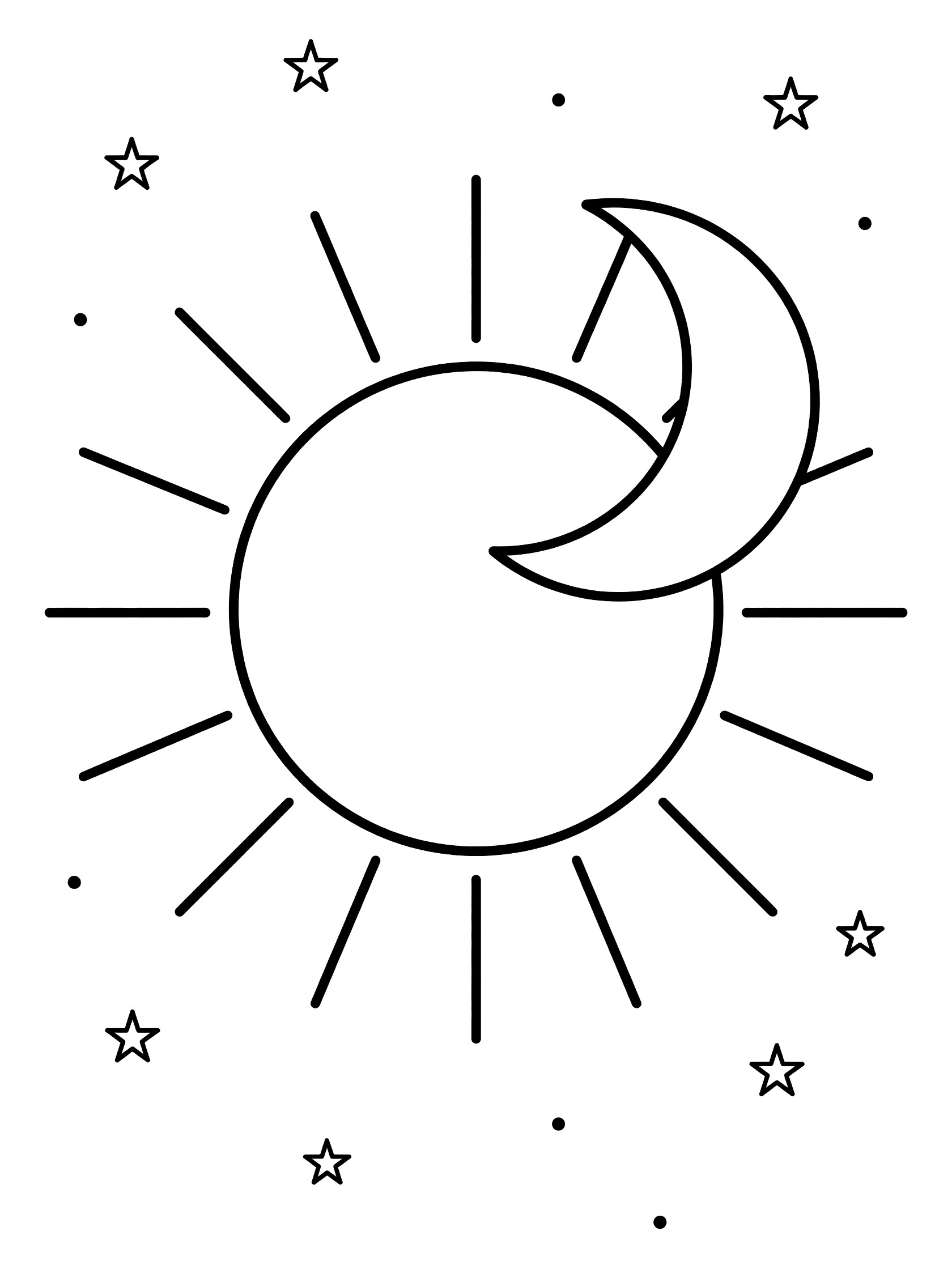 Black and white line art coloring page showing a large circular sun with radiating rays, a crescent moon overlapping the sun, and simple stars in the sky. Solar Eclipse themed black and white printable line art