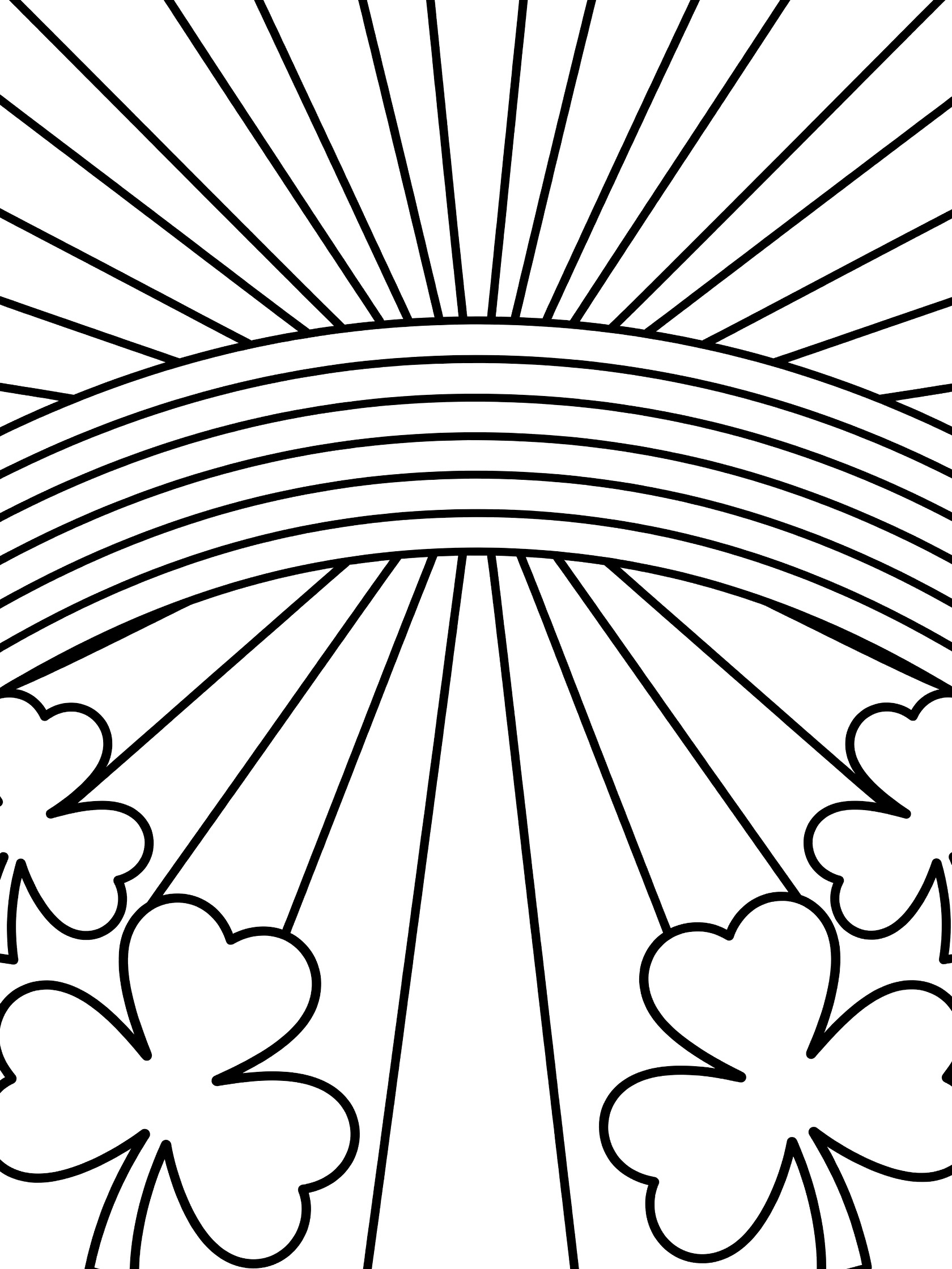 Black and white line art coloring page showing geometric sun rays behind a straight rainbow banner with shamrocks at the bottom