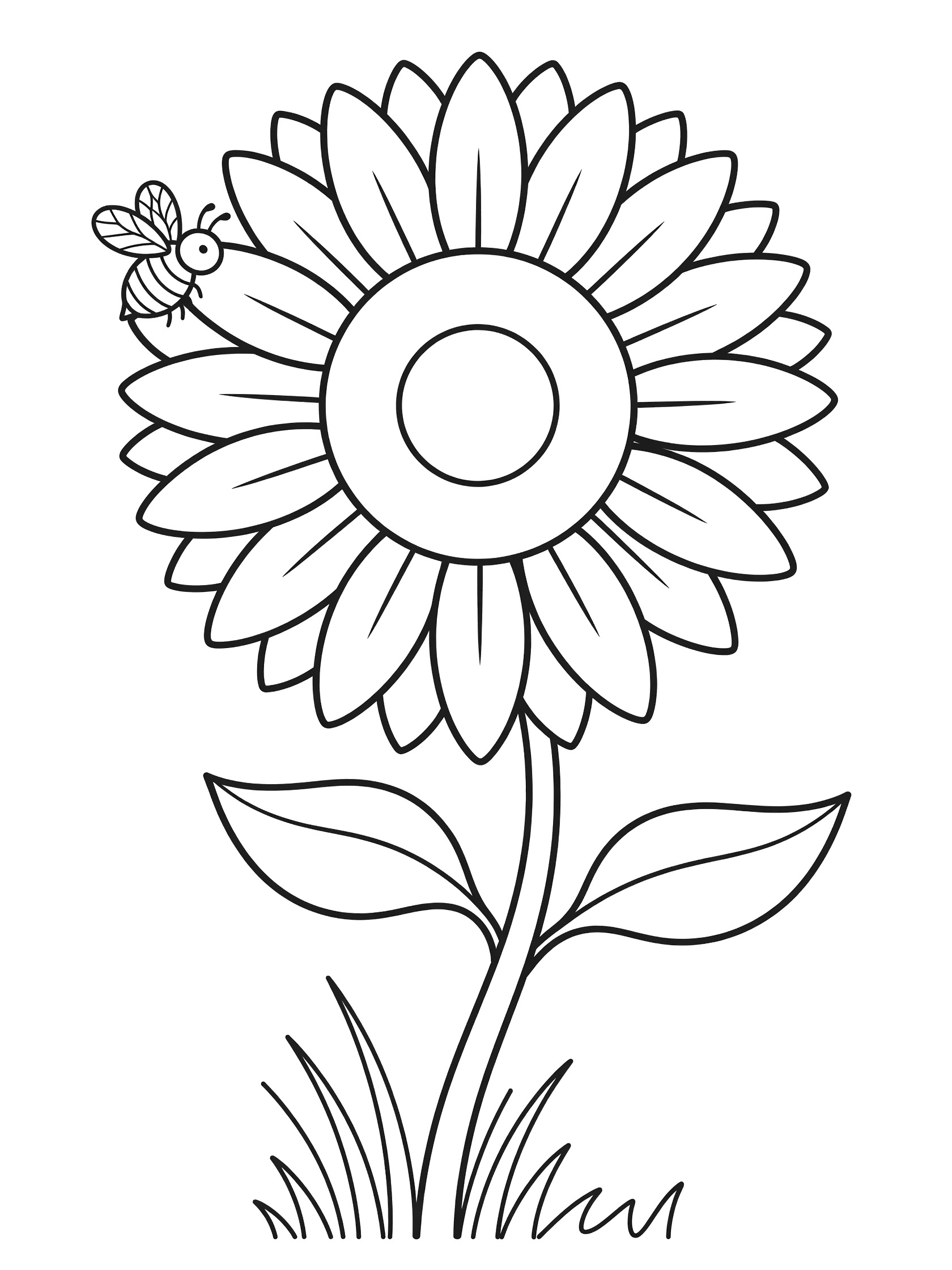 Black and white coloring page showing a detailed sunflower with a bee near one petal, curving stem with leaves, and small grass blades at the base.