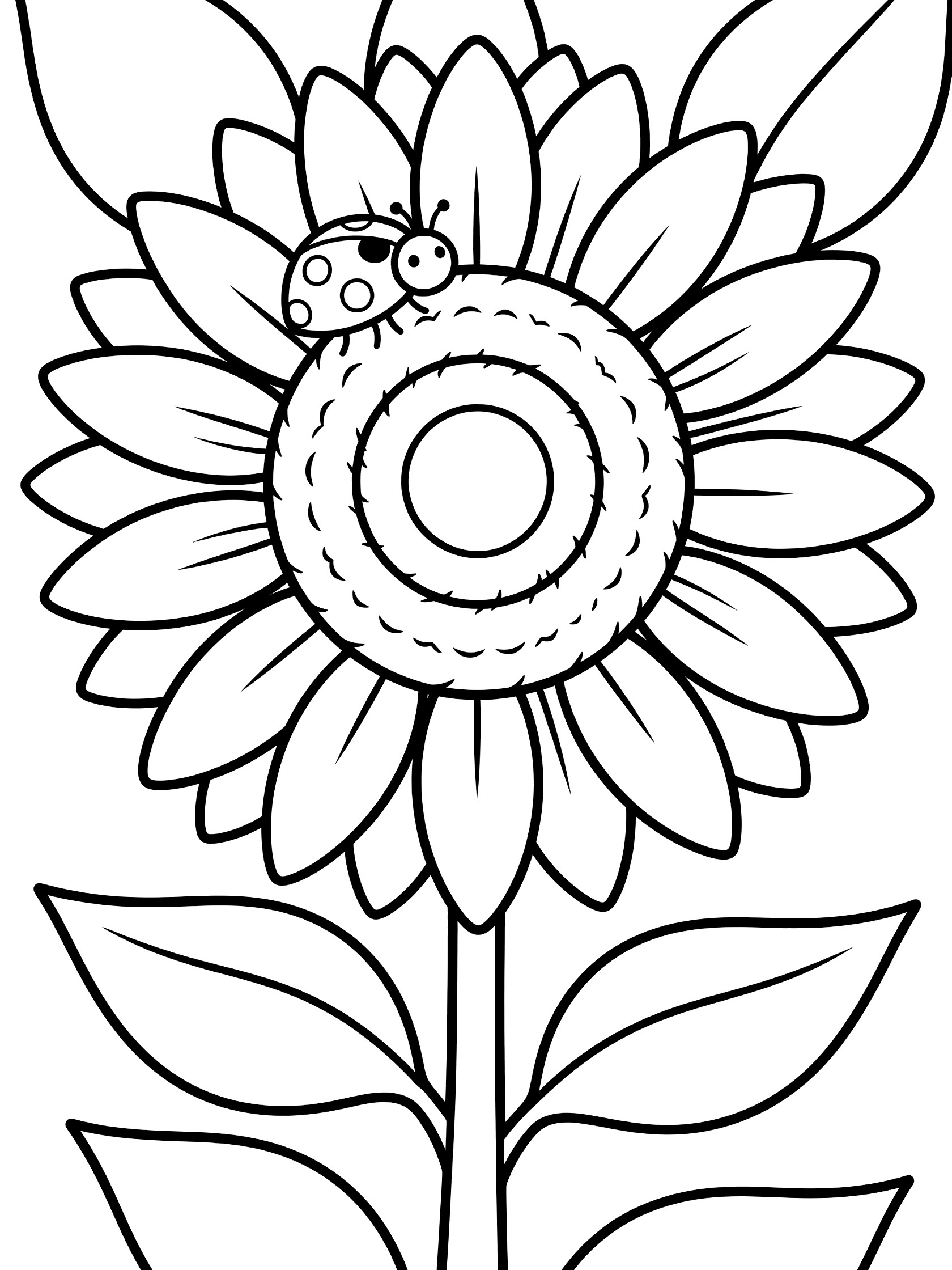 Black and white line art coloring page showing a large sunflower with wide petals, round textured center, a ladybug perched on a petal, tall stem and broad leaves.