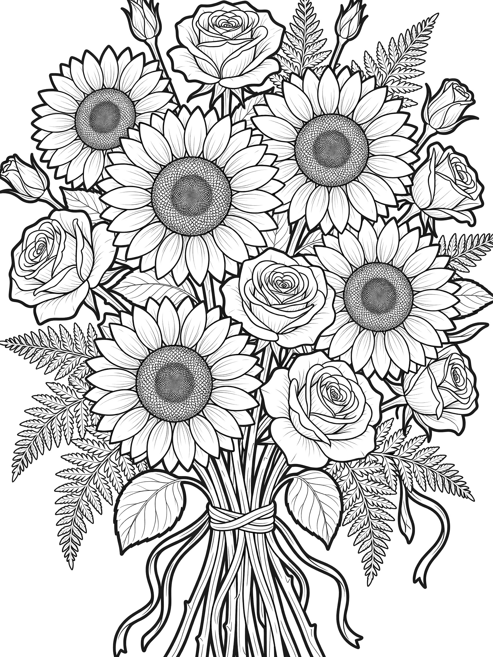 Detailed line art coloring page of a lush bouquet with large sunflowers, thorny roses, twisting stems, broad leaves, ferns and ribbon ties.