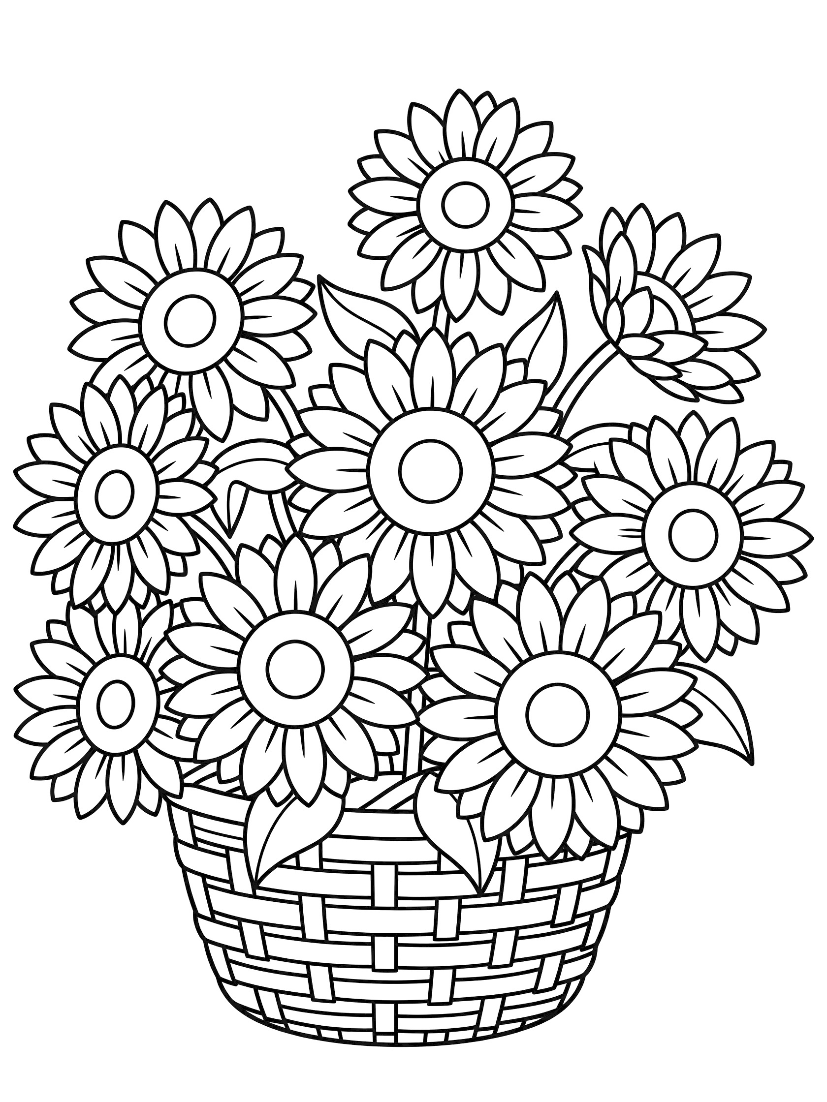 Black and white coloring page of a basket full of sunflowers with large petals, centers, and leaves spilling over the woven basket edges. Bouquets themed black and white printable line art