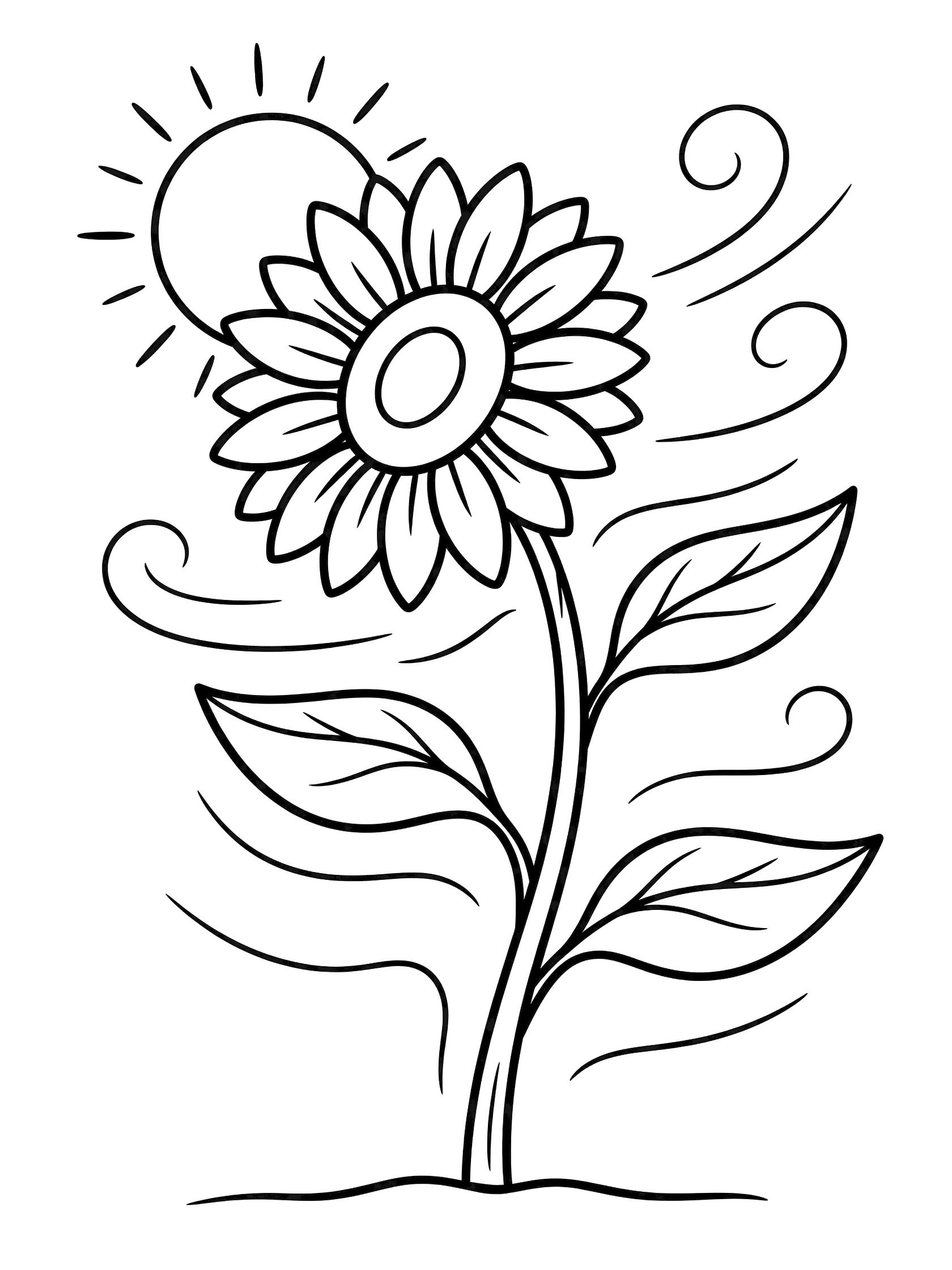 Black and white line art coloring page showing a sunflower with large petals bending on a stem with leaves toward a sun, wind swirls nearby, and ground line.