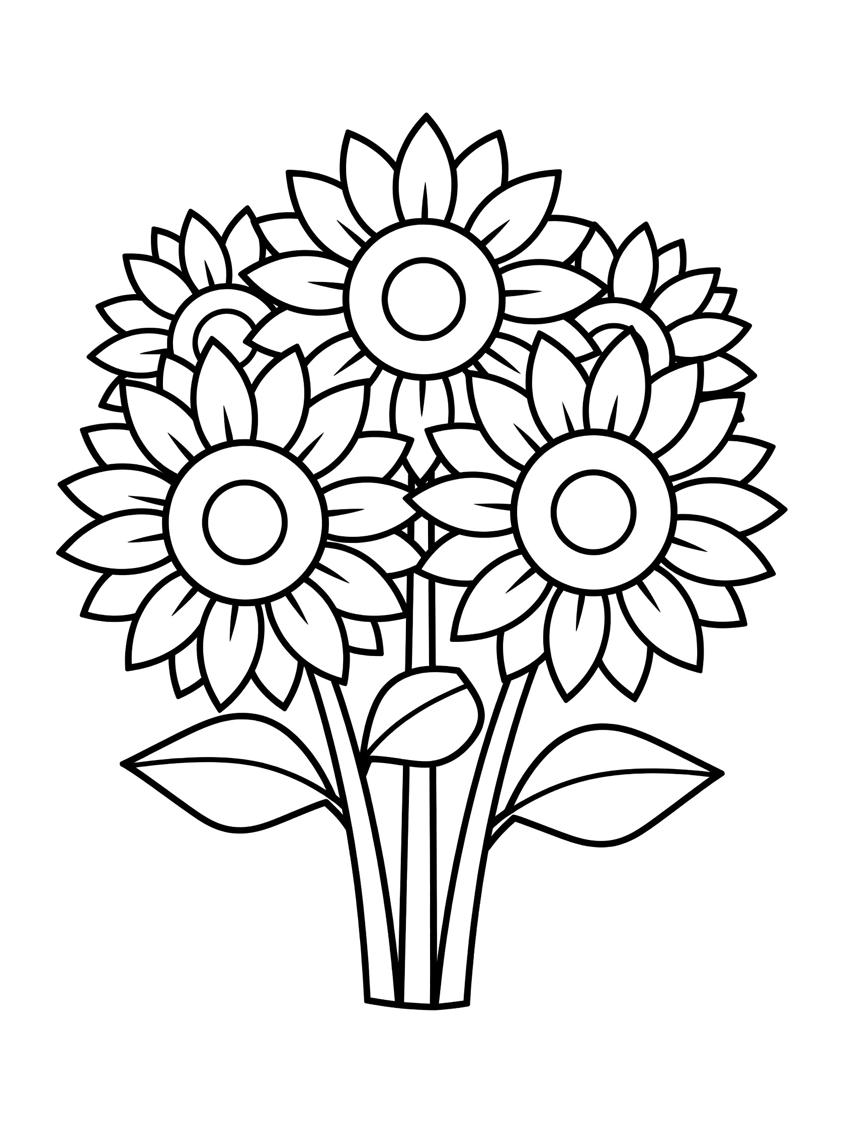 Black and white printable coloring page of a sunflower bouquet with four large geometric sunflowers, stems, and leaves.