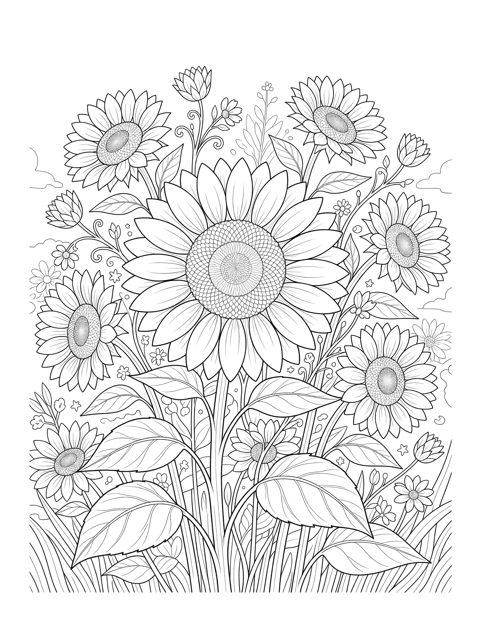 Black and white line art of a sunflower bouquet with multiple large sunflowers, stems, leaves, and grass at the base.