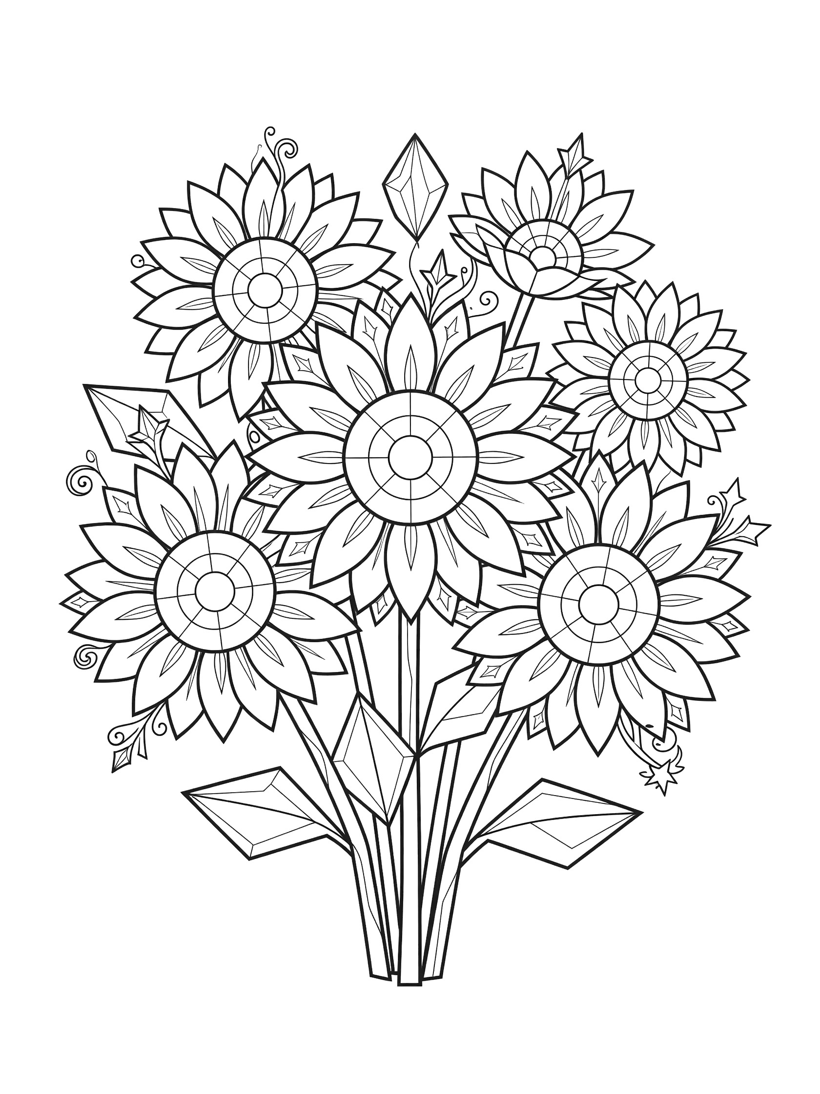 Black and white line art of a sunflower bouquet with detailed petals, centers, stems, and leaves in simple geometric style