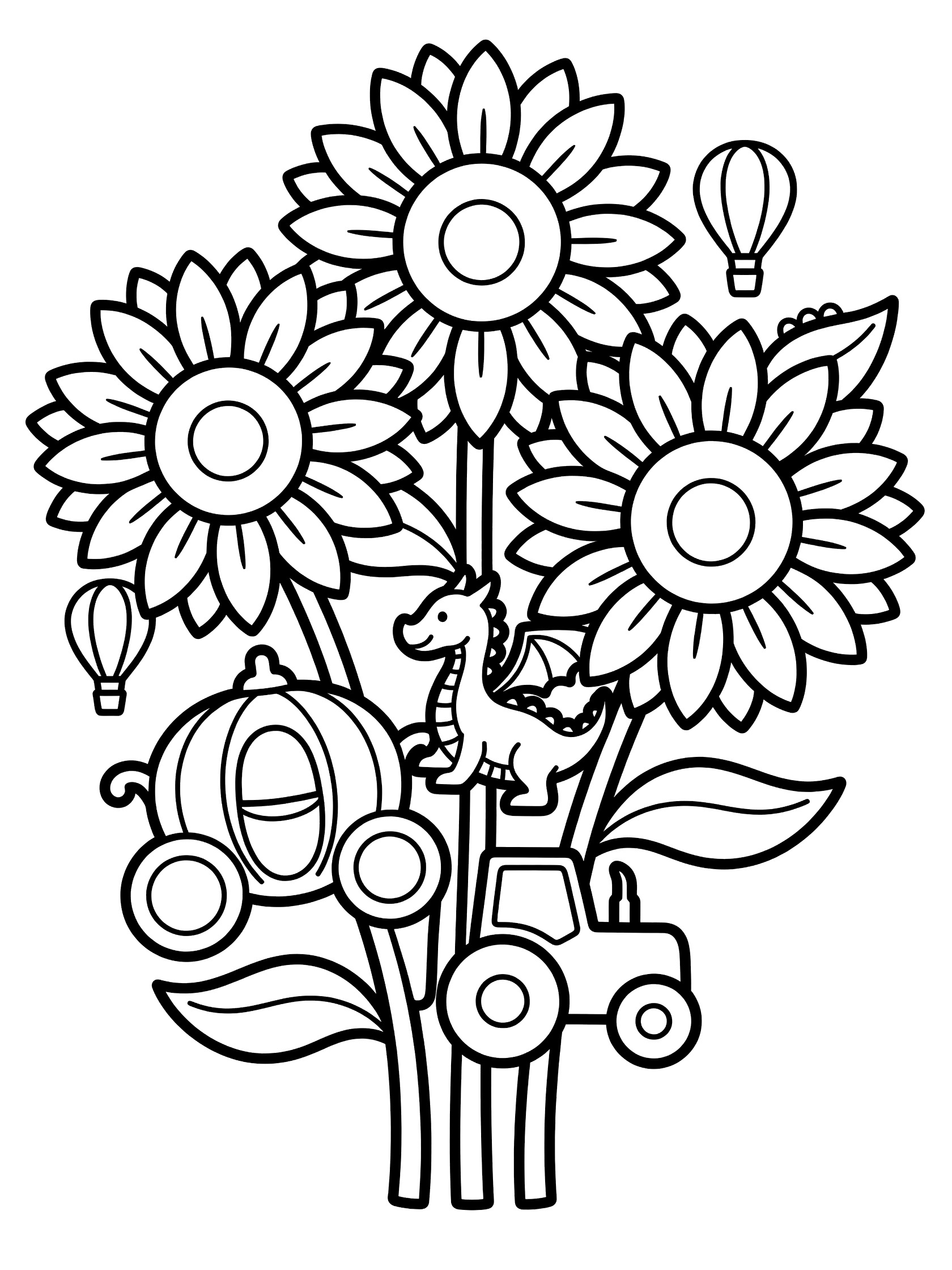 Black and white line art coloring page showing a bouquet of sunflowers with stems leaves a small dragon a pumpkin carriage hot air balloons and a tractor at the base.