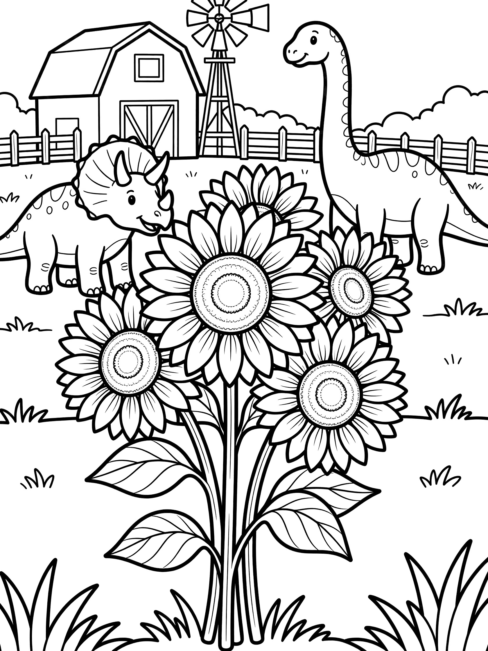 Black and white printable coloring page showing a bouquet of sunflowers in front with Triceratops dinosaur on left, Brachiosaurus on right, farm barn, windmill and fence in background.
