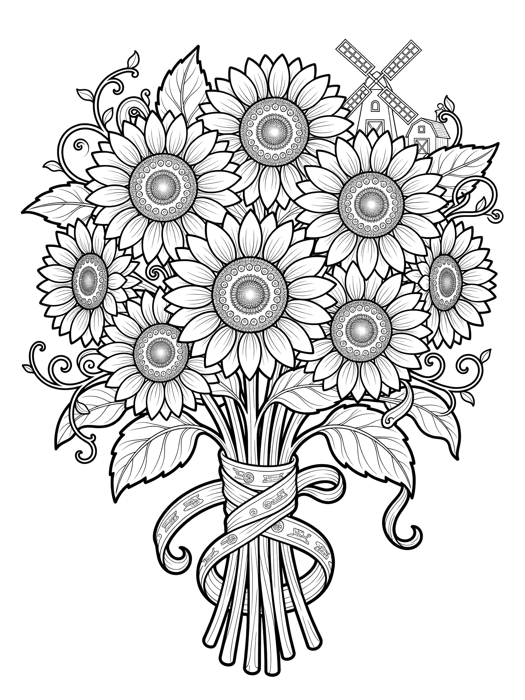 Line drawing of a bouquet of sunflowers with detailed petals and centers, green stems and leaves wrapped in ribbon, and a windmill with blades behind.