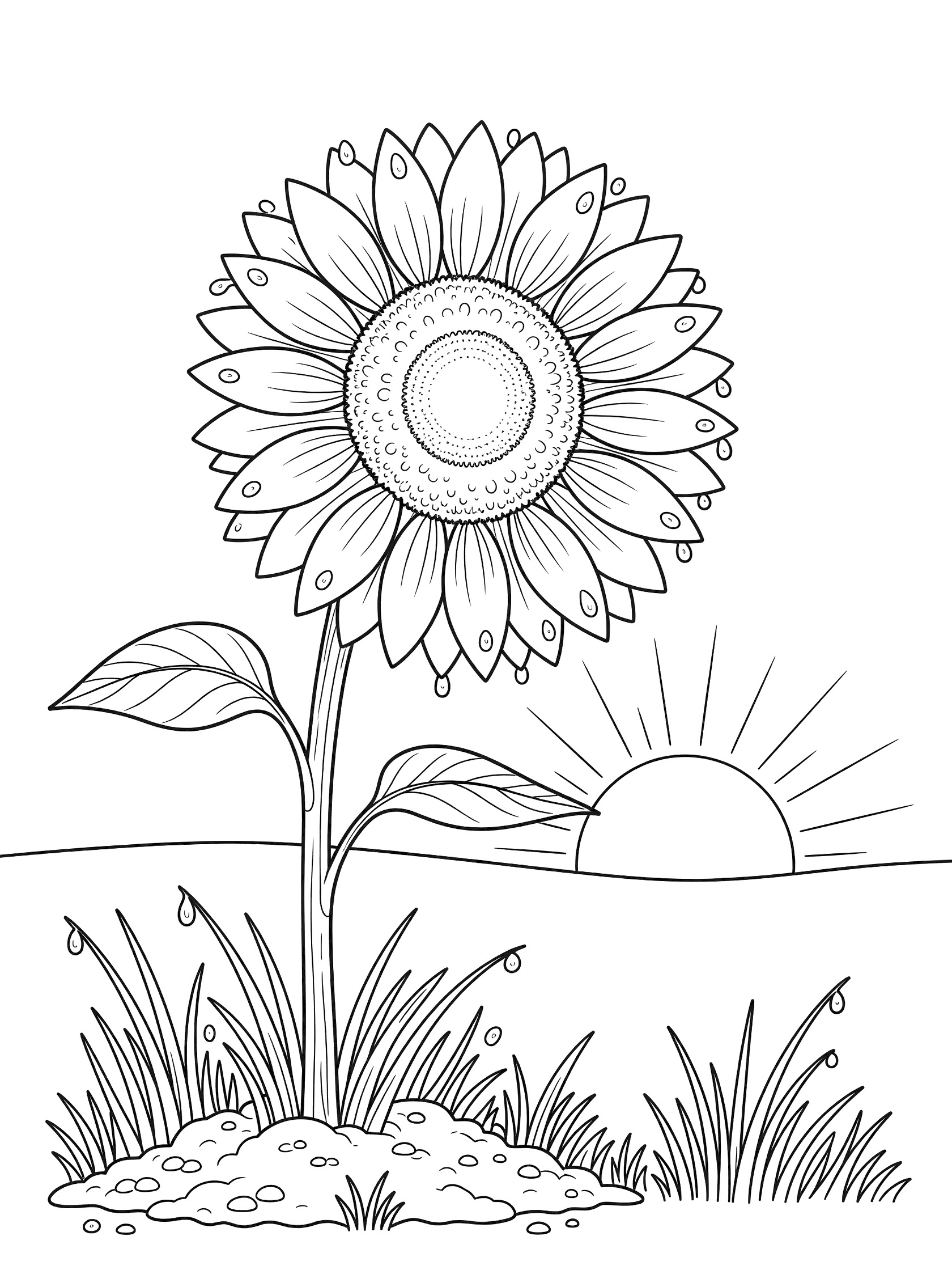 Black and white line art coloring page showing a detailed sunflower with petals, stem, leaves, and dew drops facing a sunrise with rays, grass tufts, and soil.