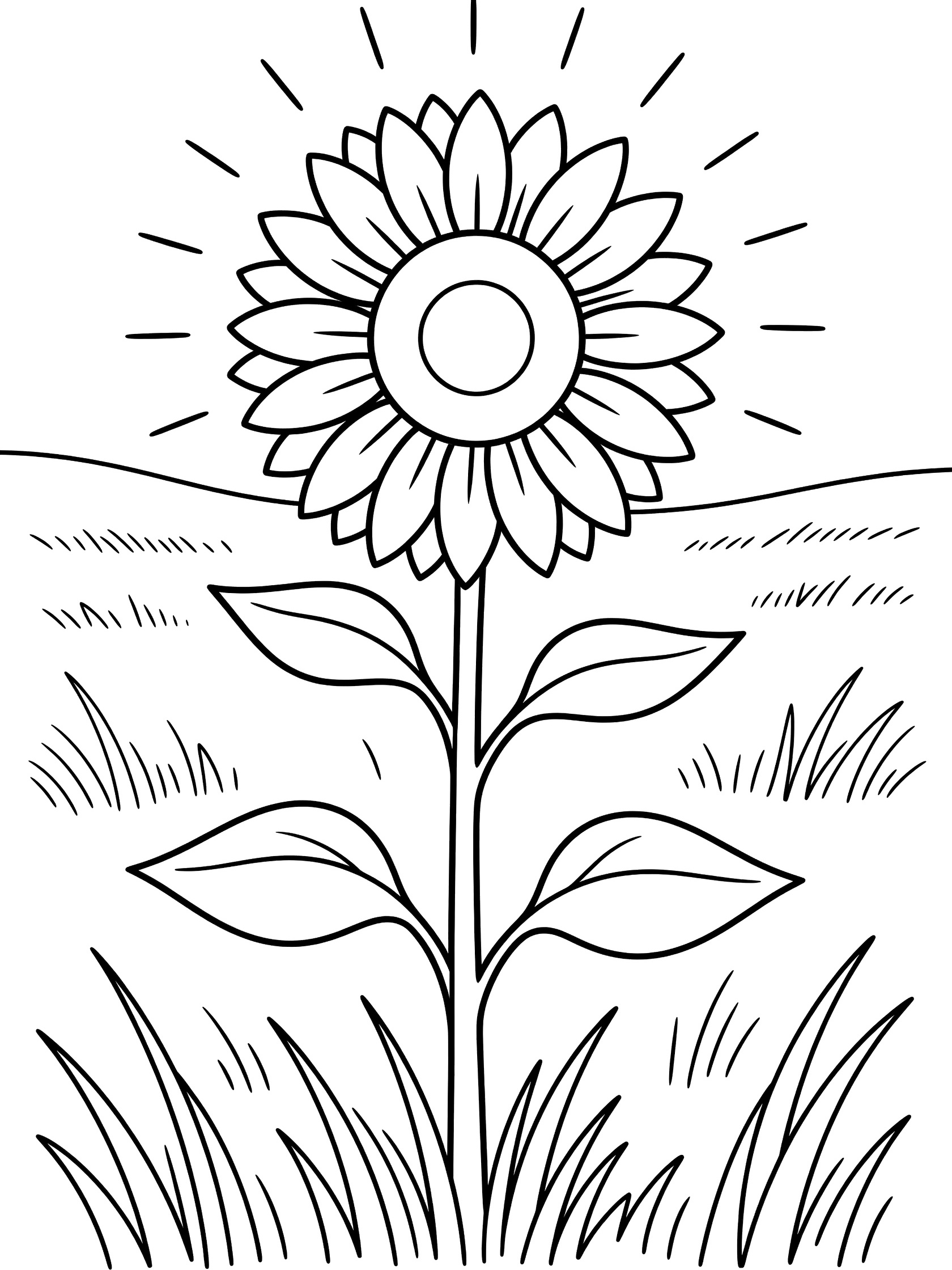Black and white line art coloring page showing a single tall sunflower facing the sun with wide petals, sturdy stem, large leaves, and wavy grass in an open field.