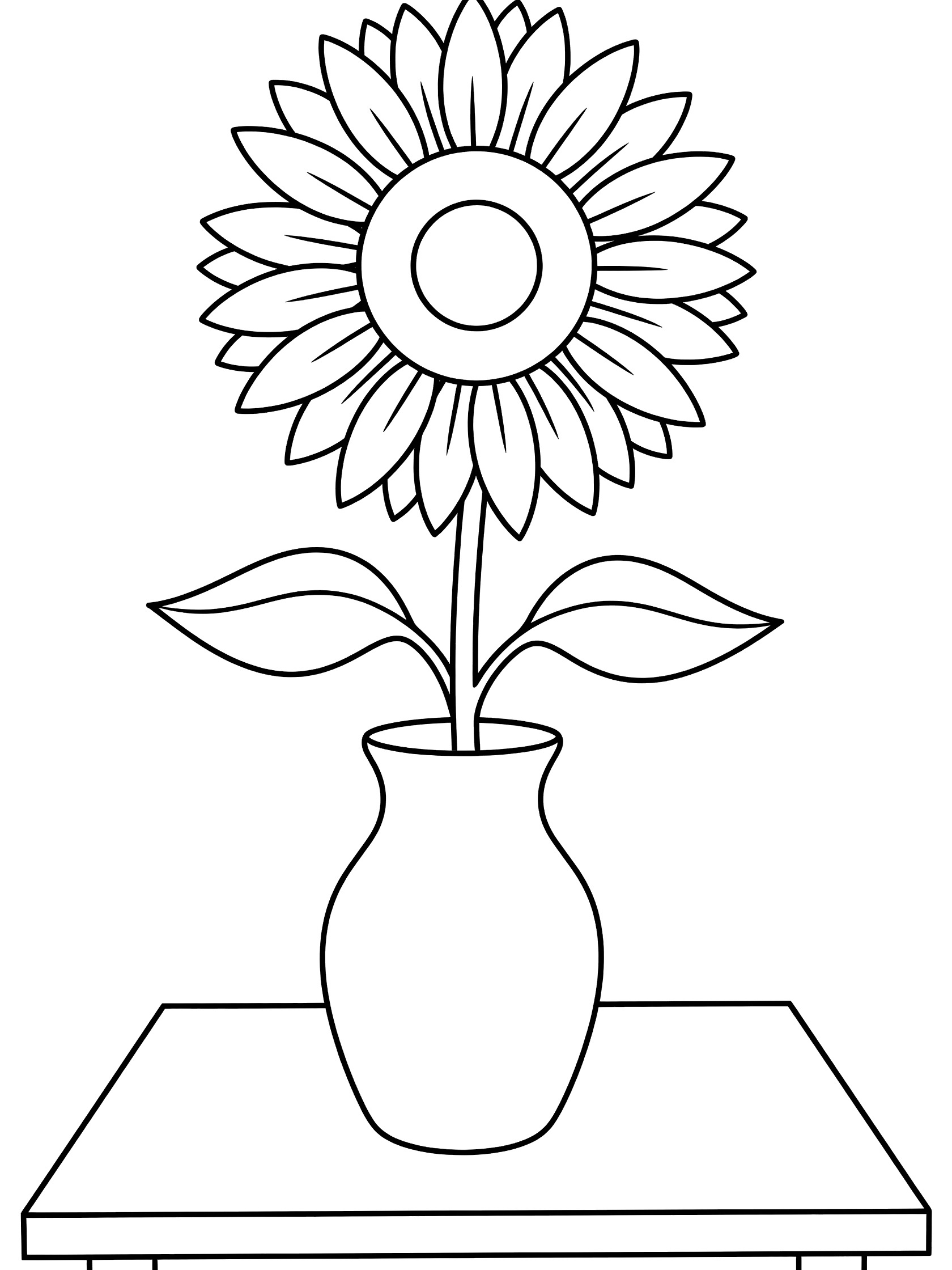 Black and white printable coloring page showing a single sunflower with drooping petals in a simple vase on a table with two leaves and clean outlines.