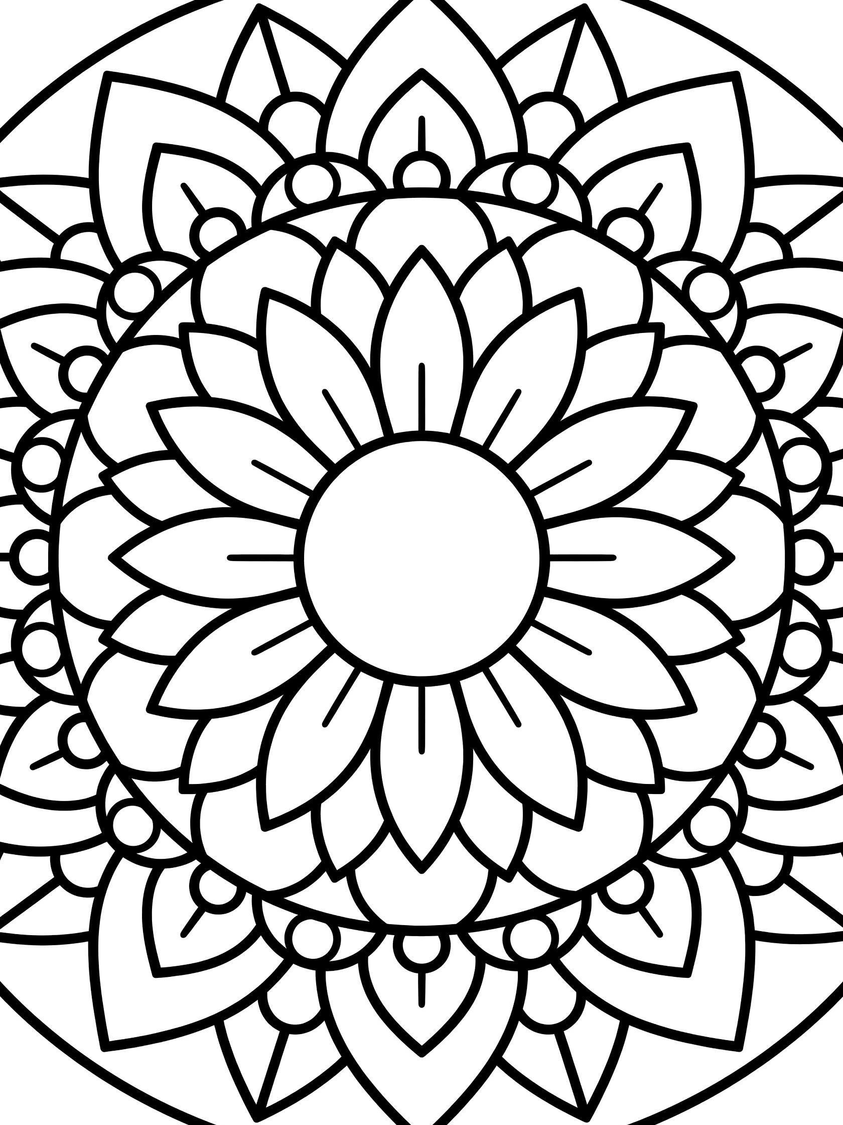 Black and white line art of a round sunflower mandala with layered petals, central circle, and detailed patterns inside an oval border.