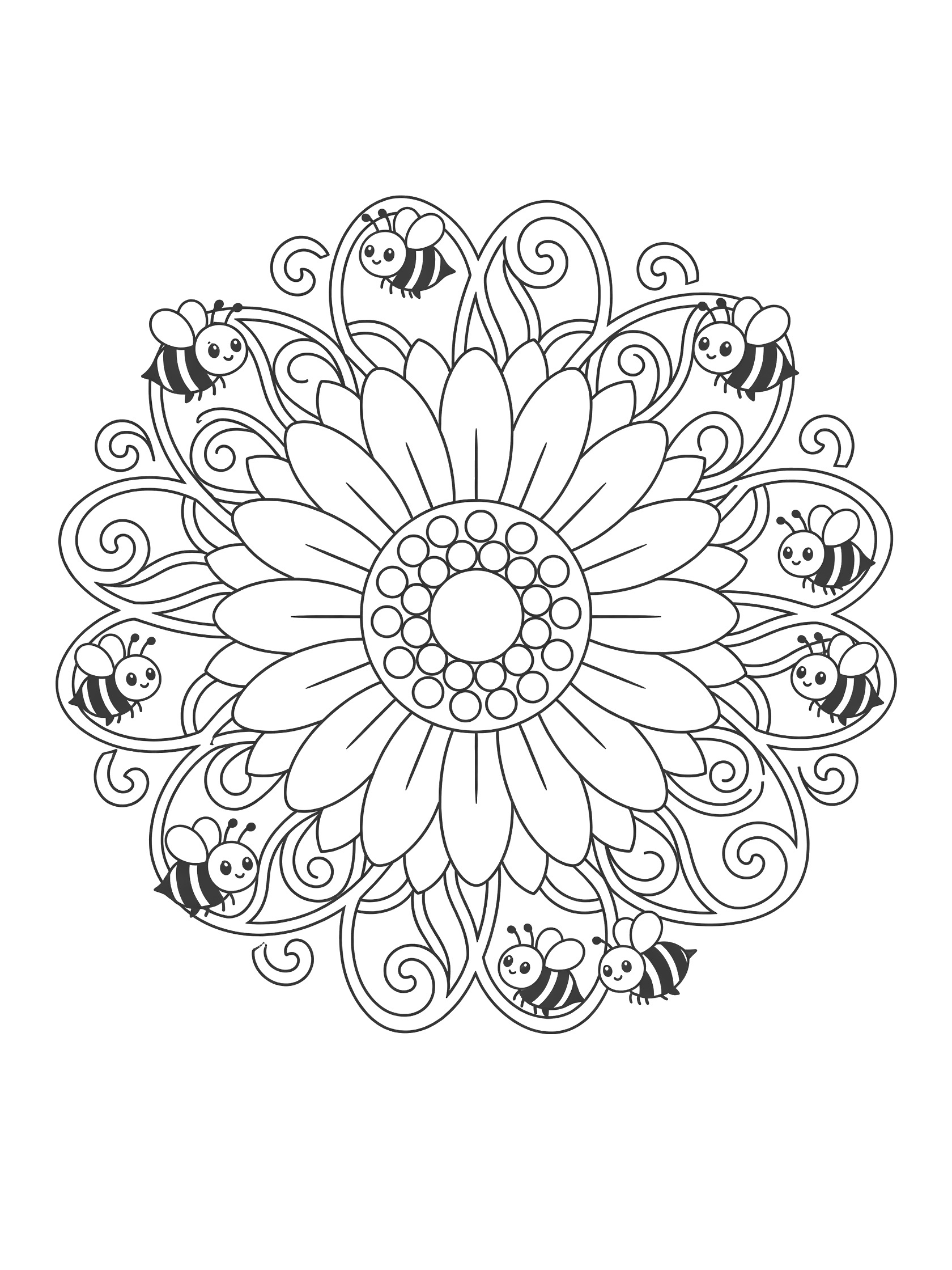 Black and white line art of a sunflower mandala coloring page featuring a central sunflower with layered petals, seed center, swirling vines, and adorable bees with big eyes.
