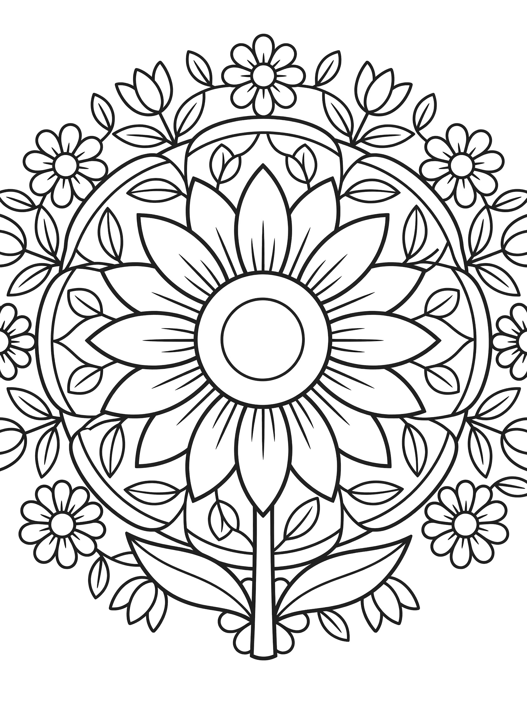 Black and white printable coloring page of a large central sunflower in a mandala design surrounded by small flowers, stems, and leaves in a circular pattern