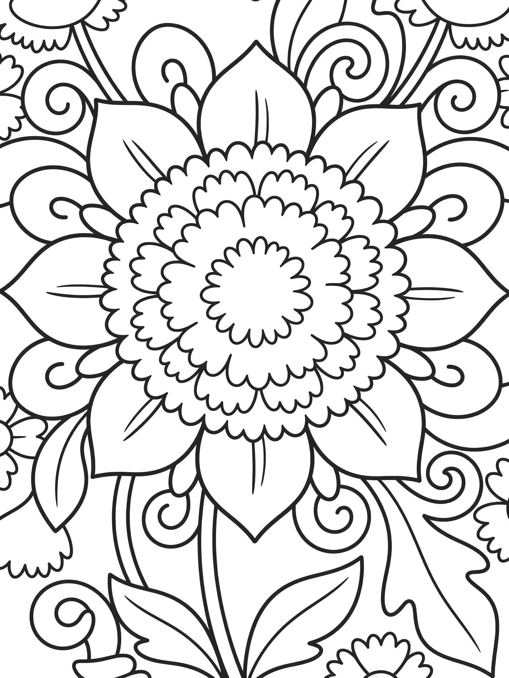 Black and white line art of a large central sunflower surrounded by smaller flowers, broad leaves, and swirling patterns in a mandala design.