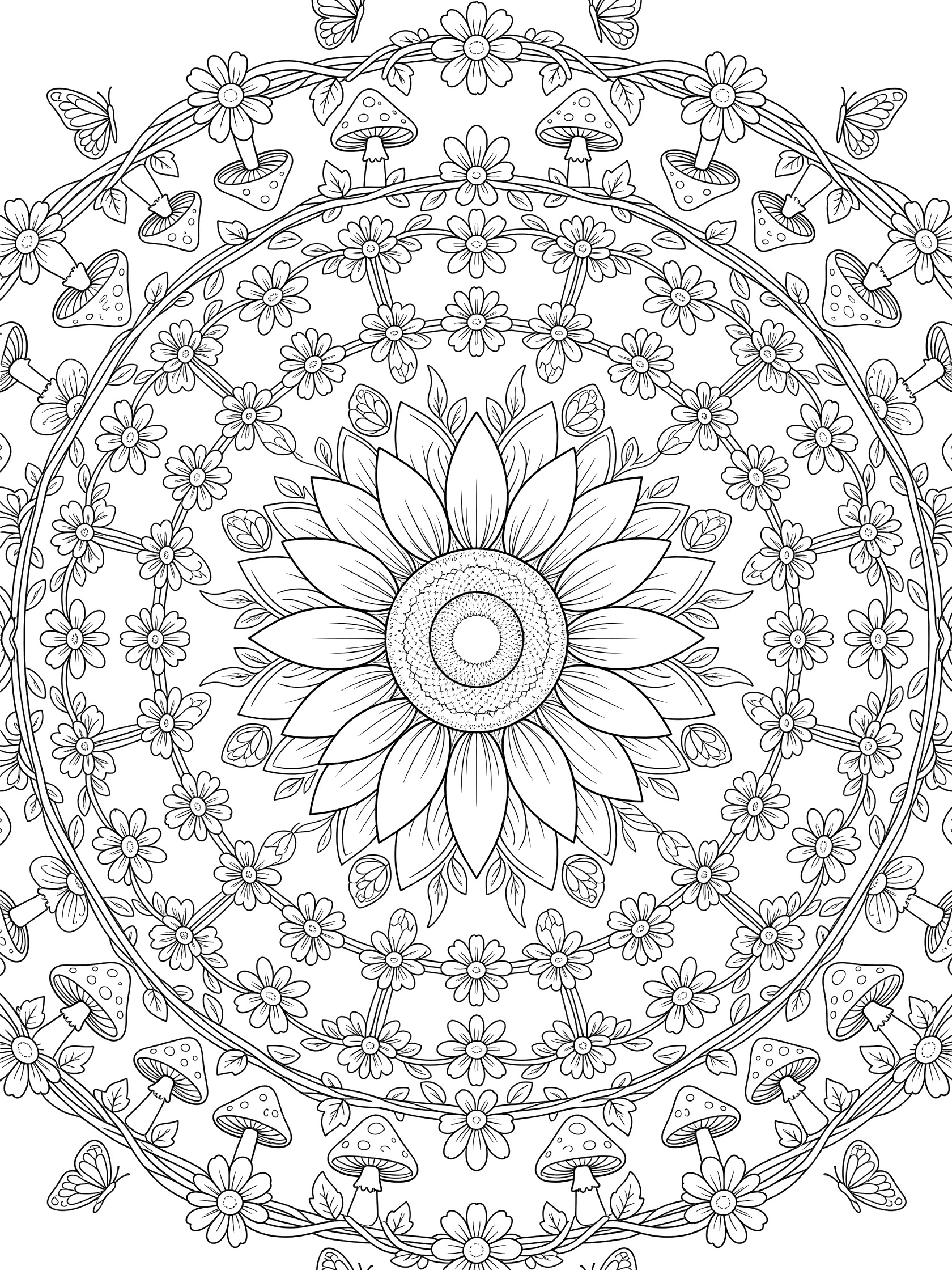 Black and white line art of a sunflower mandala coloring page featuring a central blooming sunflower surrounded by daisies, butterflies, toadstools, and symmetrical floral patterns.