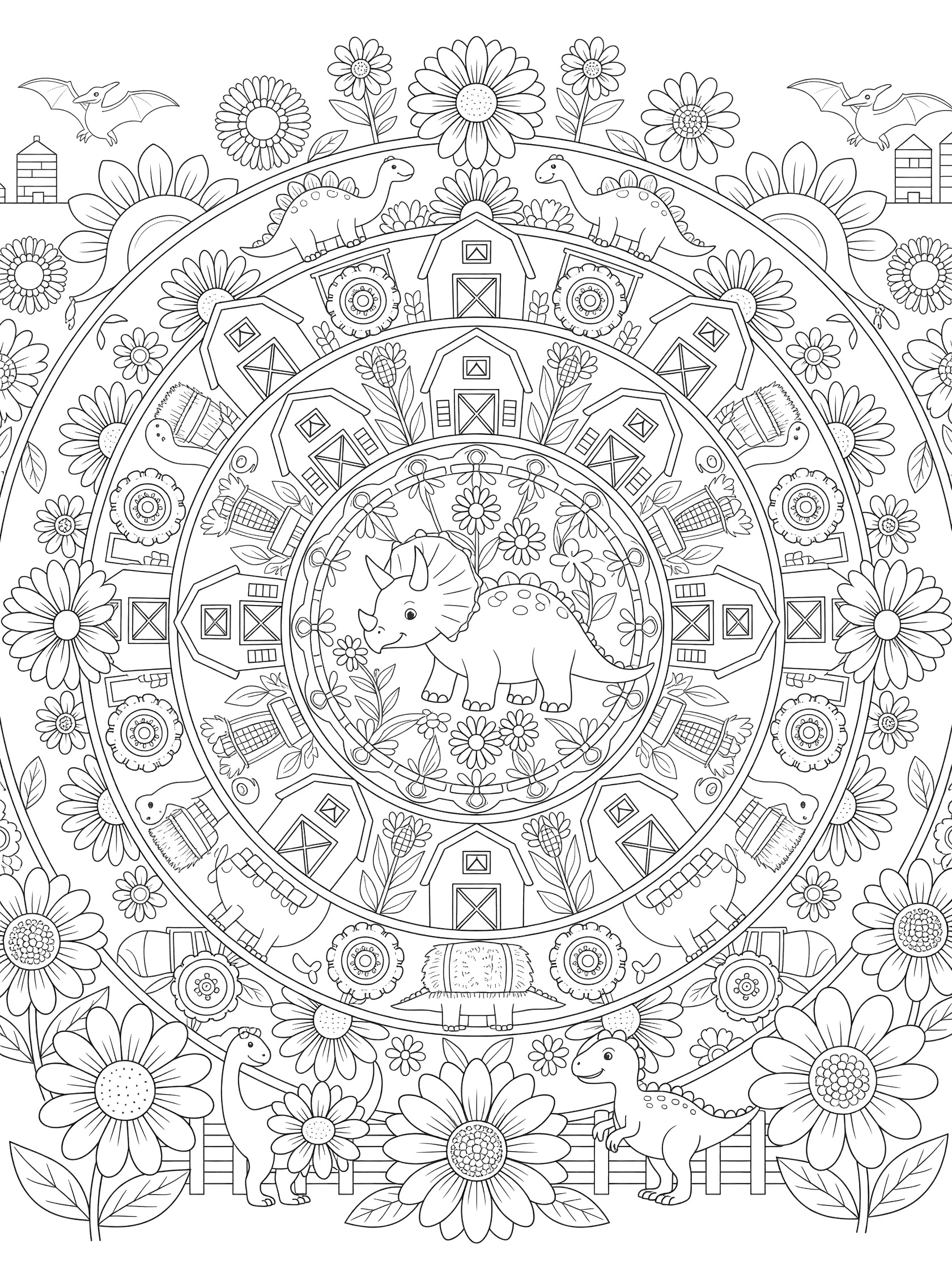 Detailed sunflower mandala coloring page featuring triceratops dinosaur in a farm scene with sunflowers, barn, and garden elements, black and white printable. floral sunburst mandala themed black and white printable line art