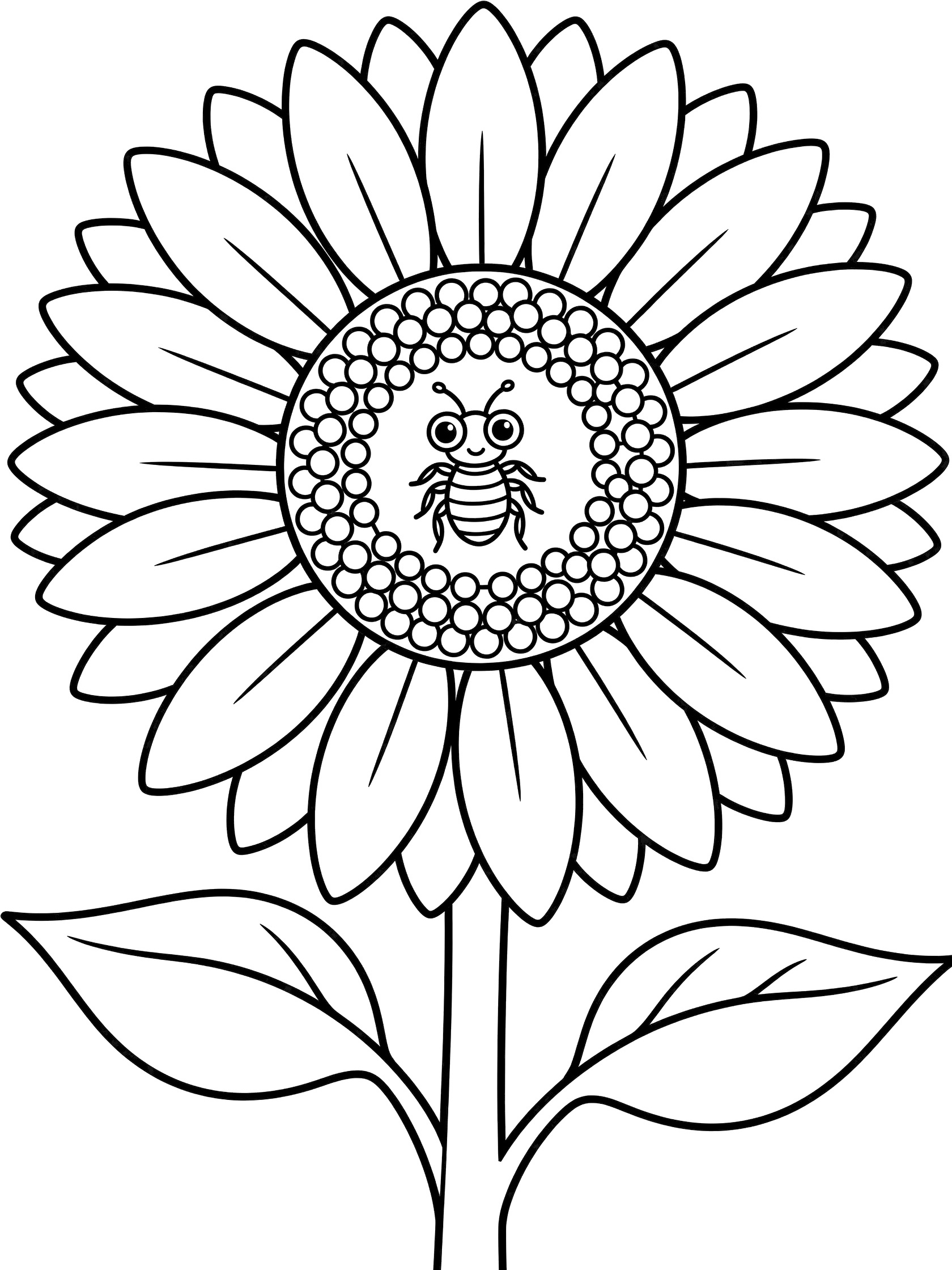 Black and white coloring page showing a large sunflower with detailed petals, seed-filled center, wide-eyed bee in the middle, tall stem and two leaves. Aphid themed black and white printable line art