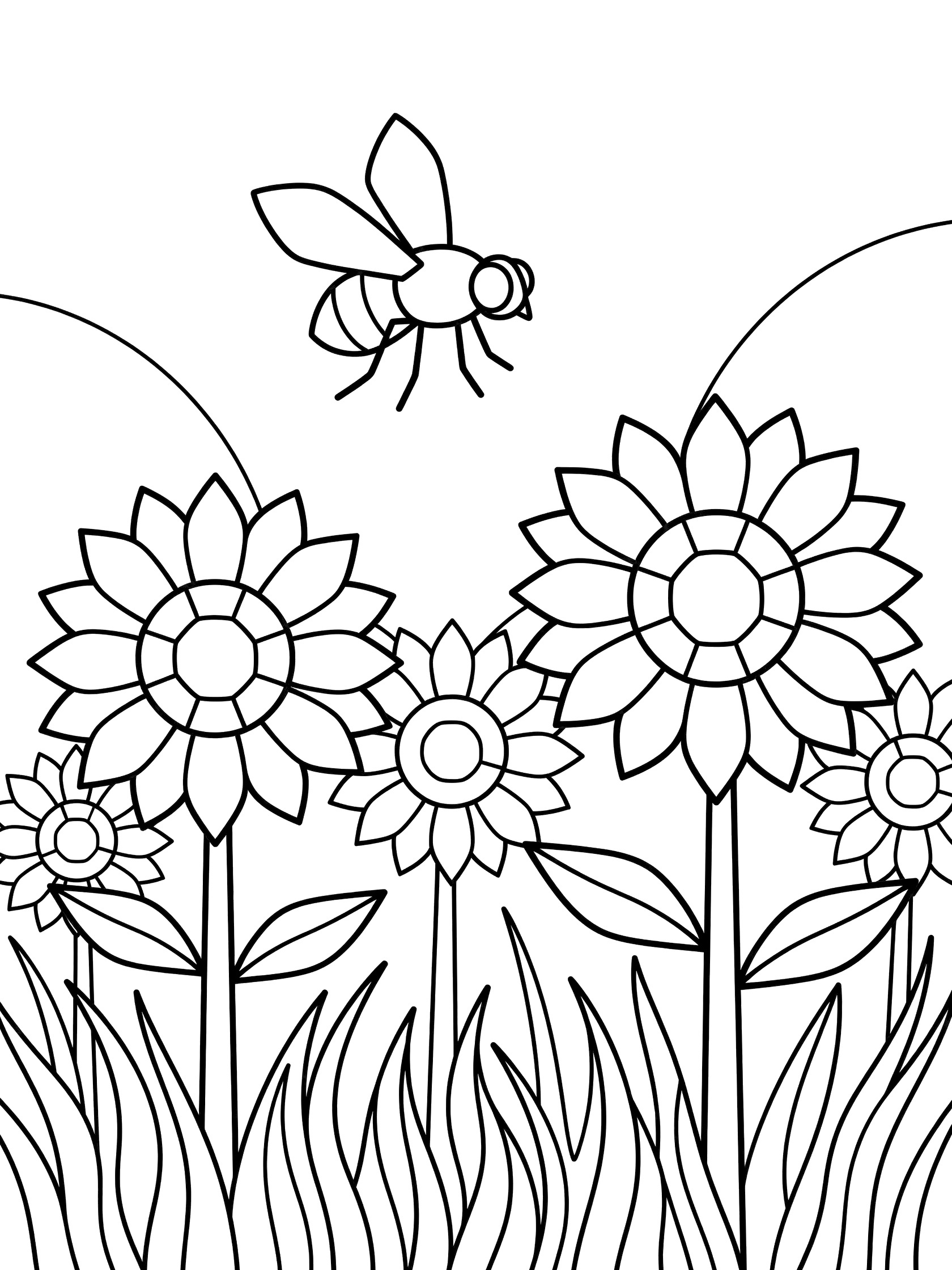 Black and white line art coloring page showing a bee flying over geometric sunflowers and wavy grass blades.