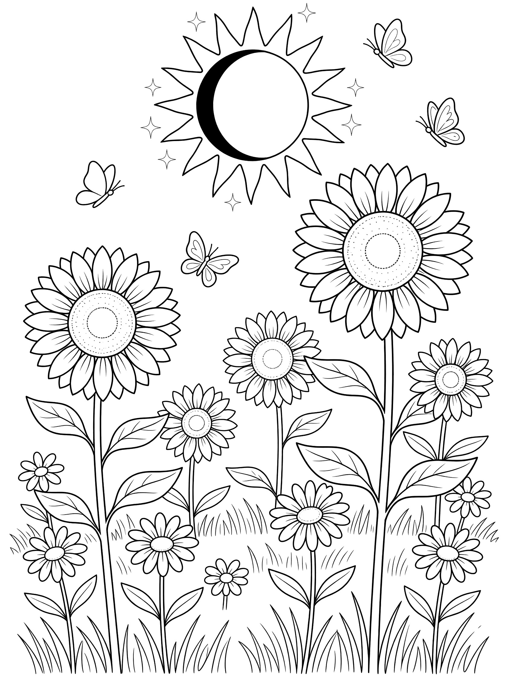 Black and white line art coloring page showing tall sunflowers and daisies in a meadow under a solar eclipse with moon covering part of sun and butterflies flying around