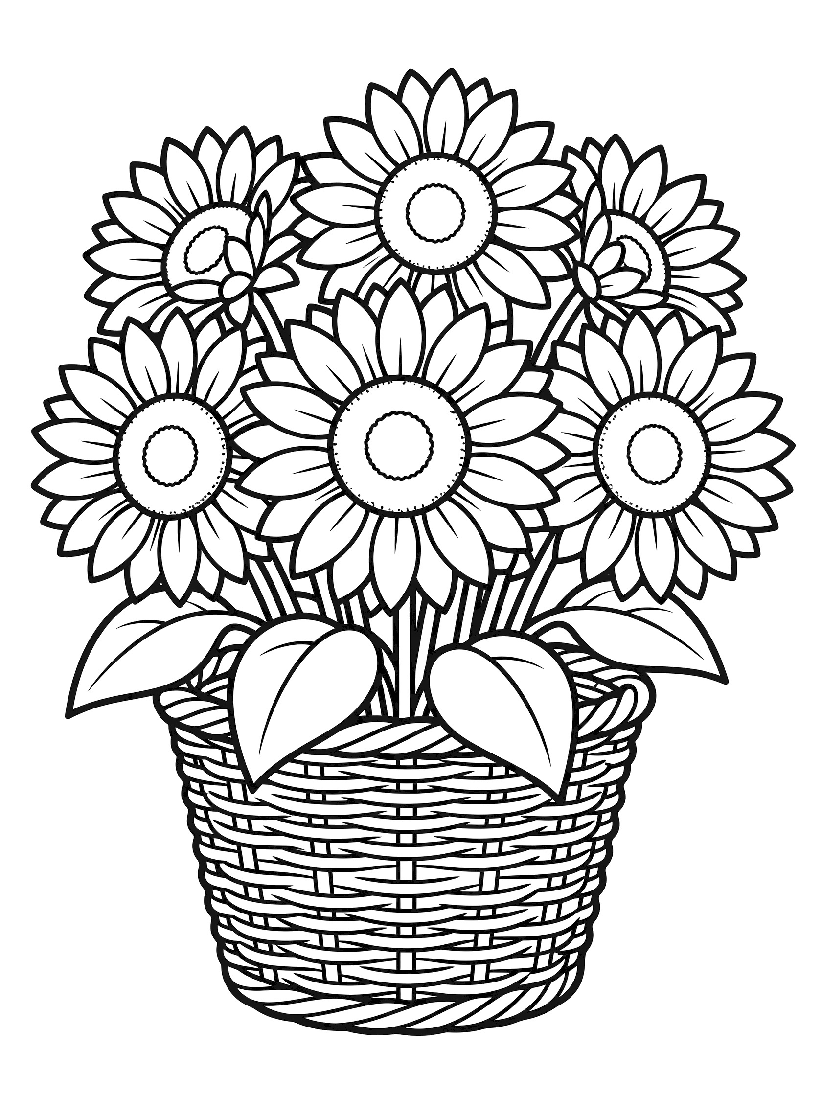 Black and white line drawing of a bouquet of sunflowers with large petals and centers in a woven basket, perfect for kids coloring. Bouquets themed black and white printable line art