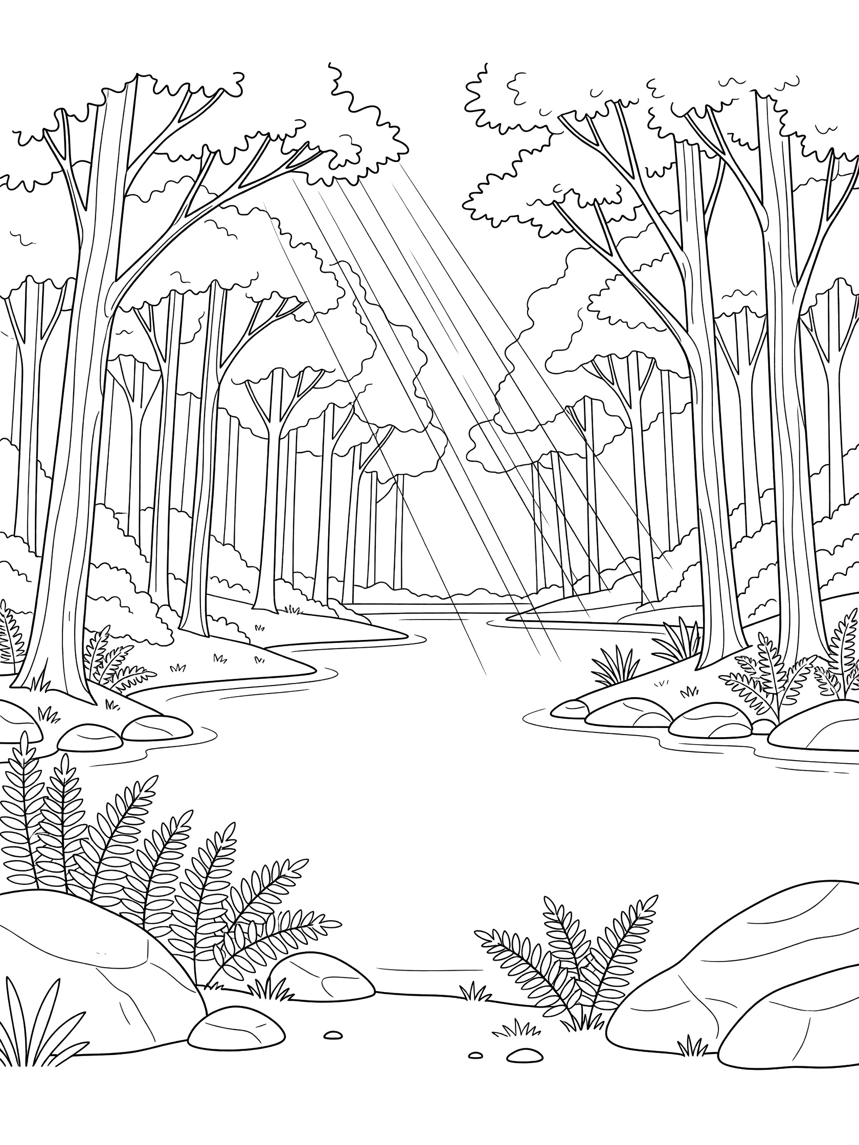 Black and white coloring page of a forest stream flowing between tall trees with sunlight rays shining down, ferns and rocks along the banks. Scenic Lakes themed black and white printable line art