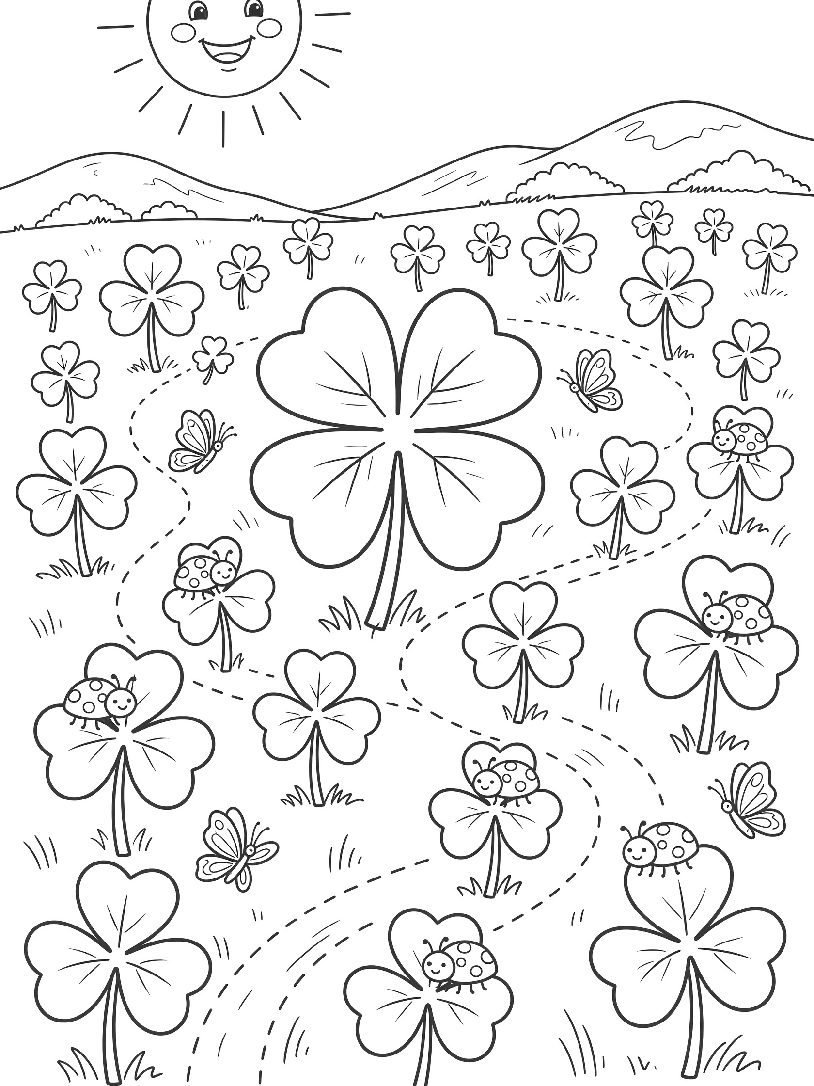Black and white coloring page of a sunny four-leaf clover field with giant clovers, smiling sun, ladybugs, butterflies, and distant hills.