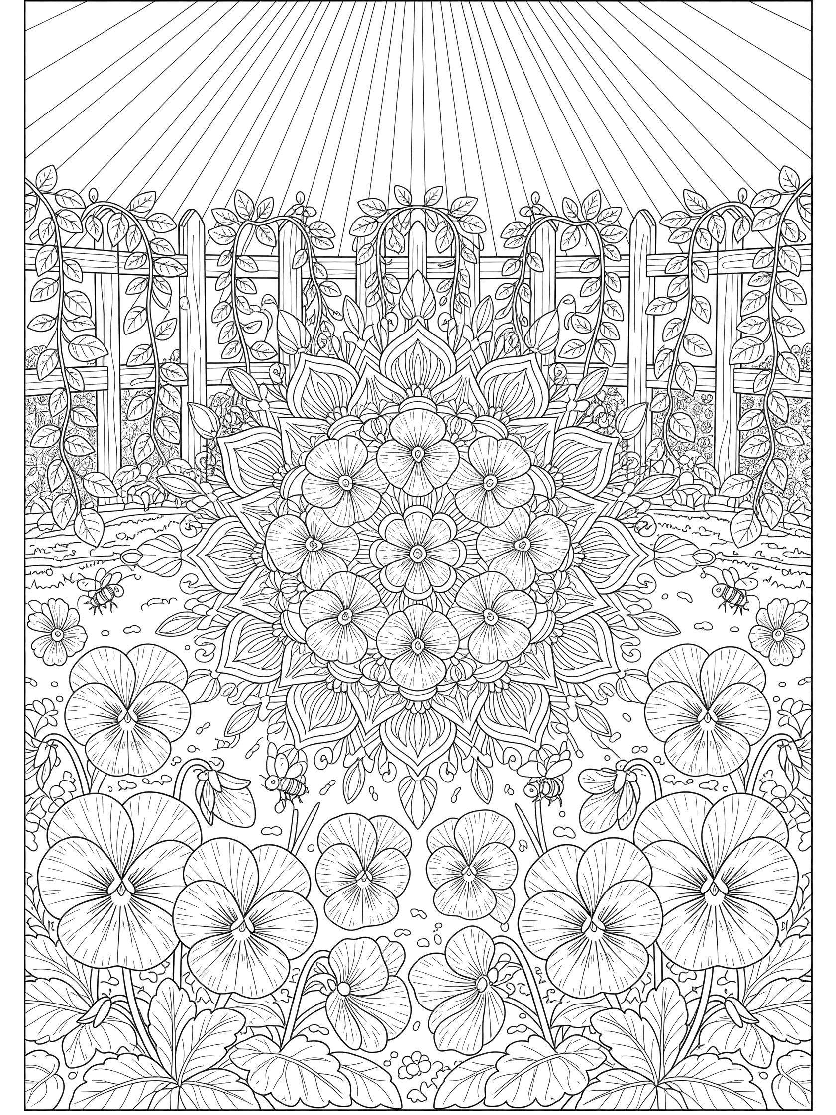 Detailed line art coloring page showing a symmetrical pansy garden scene with central blooming pansies, sun rays, bees, leaves, and vine-covered fence.